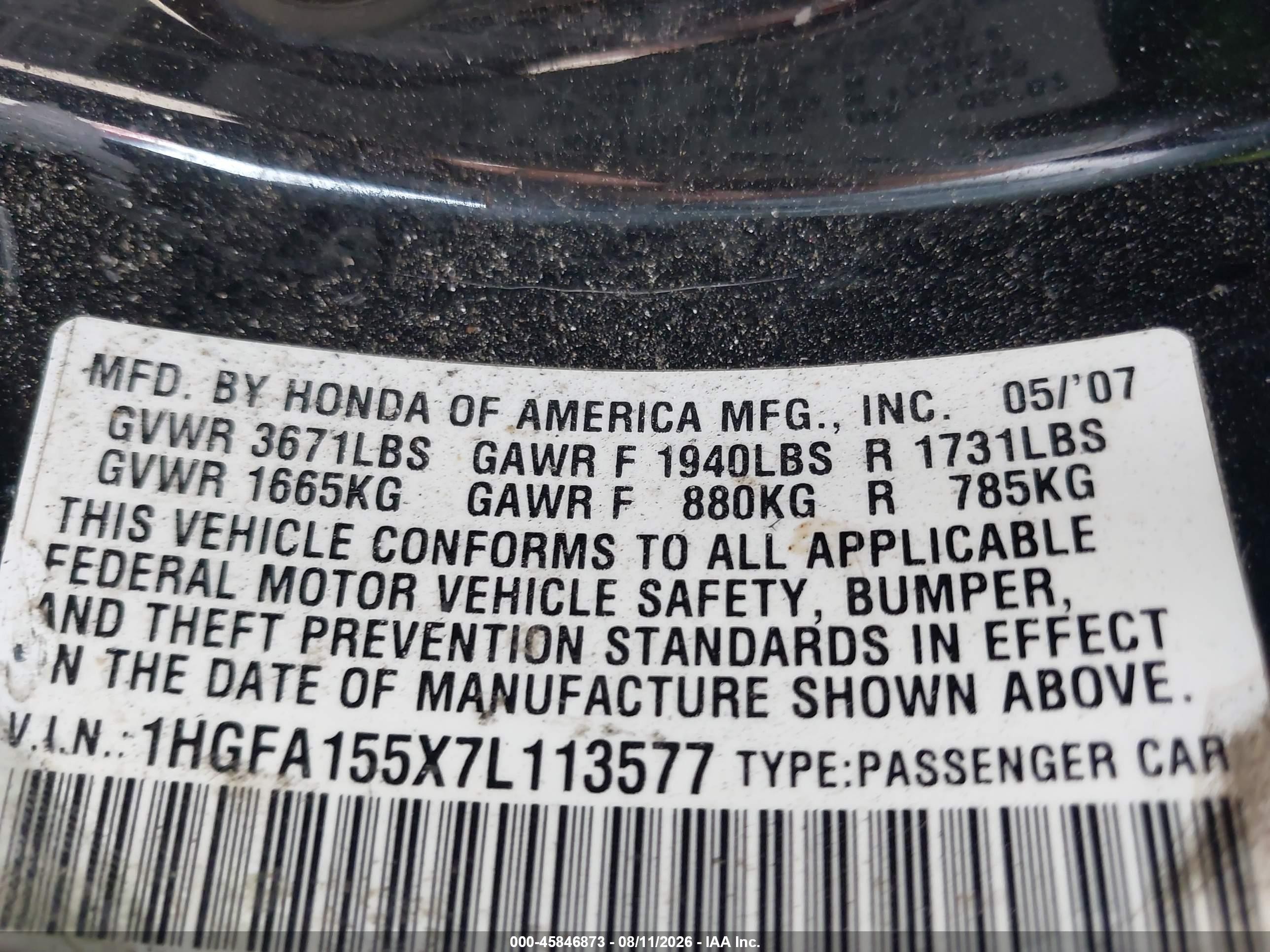 2007 Honda Civic Lx Black vin: 1HGFA155X7L113577