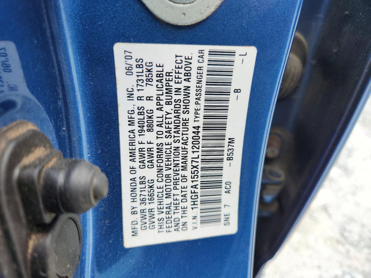 2007 Honda Civic Lx Blue vin: 1HGFA155X7L120044