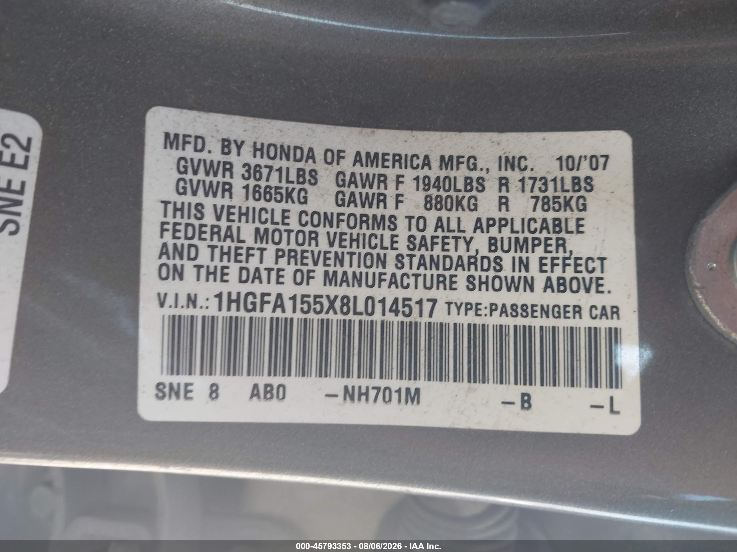 2008 Honda Civic Lx Gray vin: 1HGFA155X8L014517