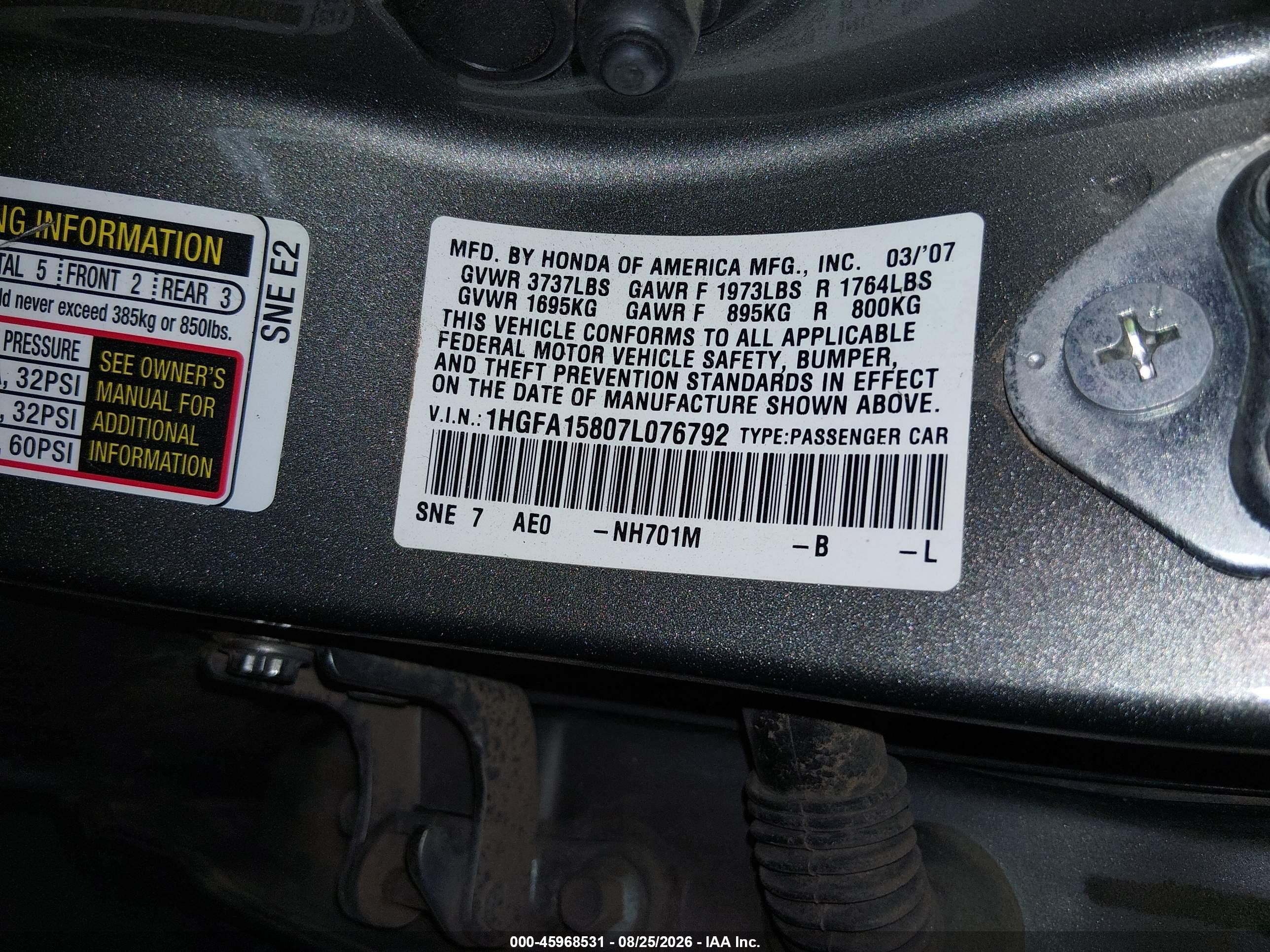 2007 Honda Civic Ex Gray vin: 1HGFA15807L076792