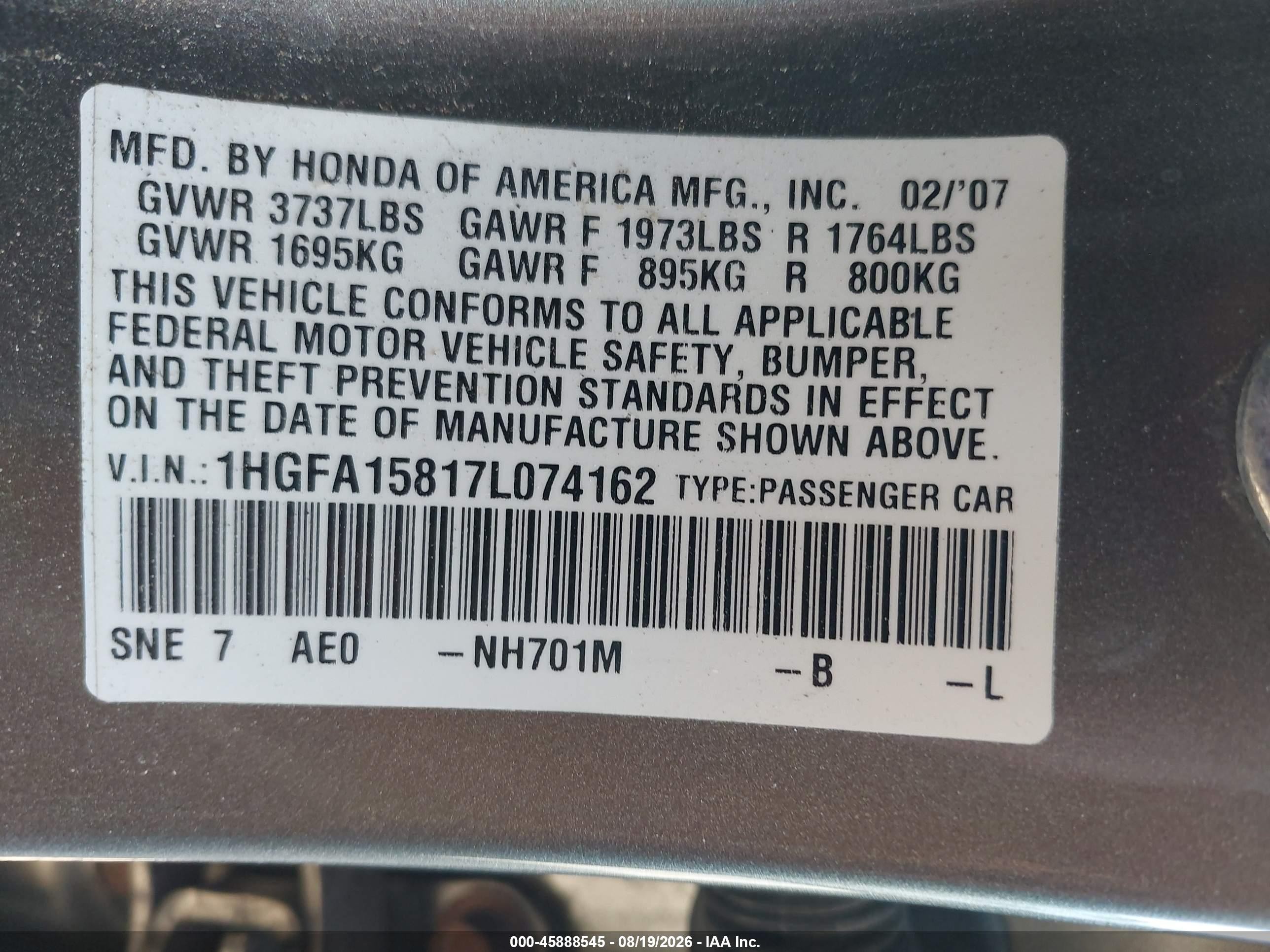 2007 Honda Civic Ex Gray vin: 1HGFA15817L074162