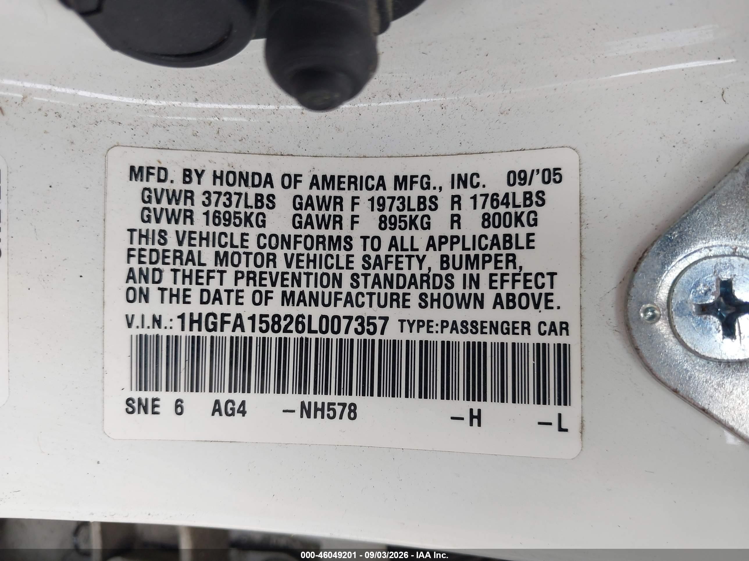 2006 Honda Civic Ex White vin: 1HGFA15826L007357