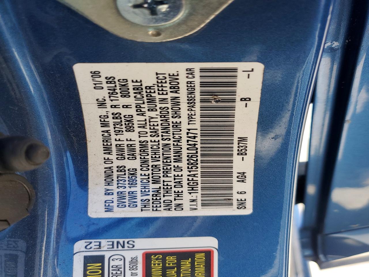 2006 Honda Civic Ex Blue vin: 1HGFA15826L047471