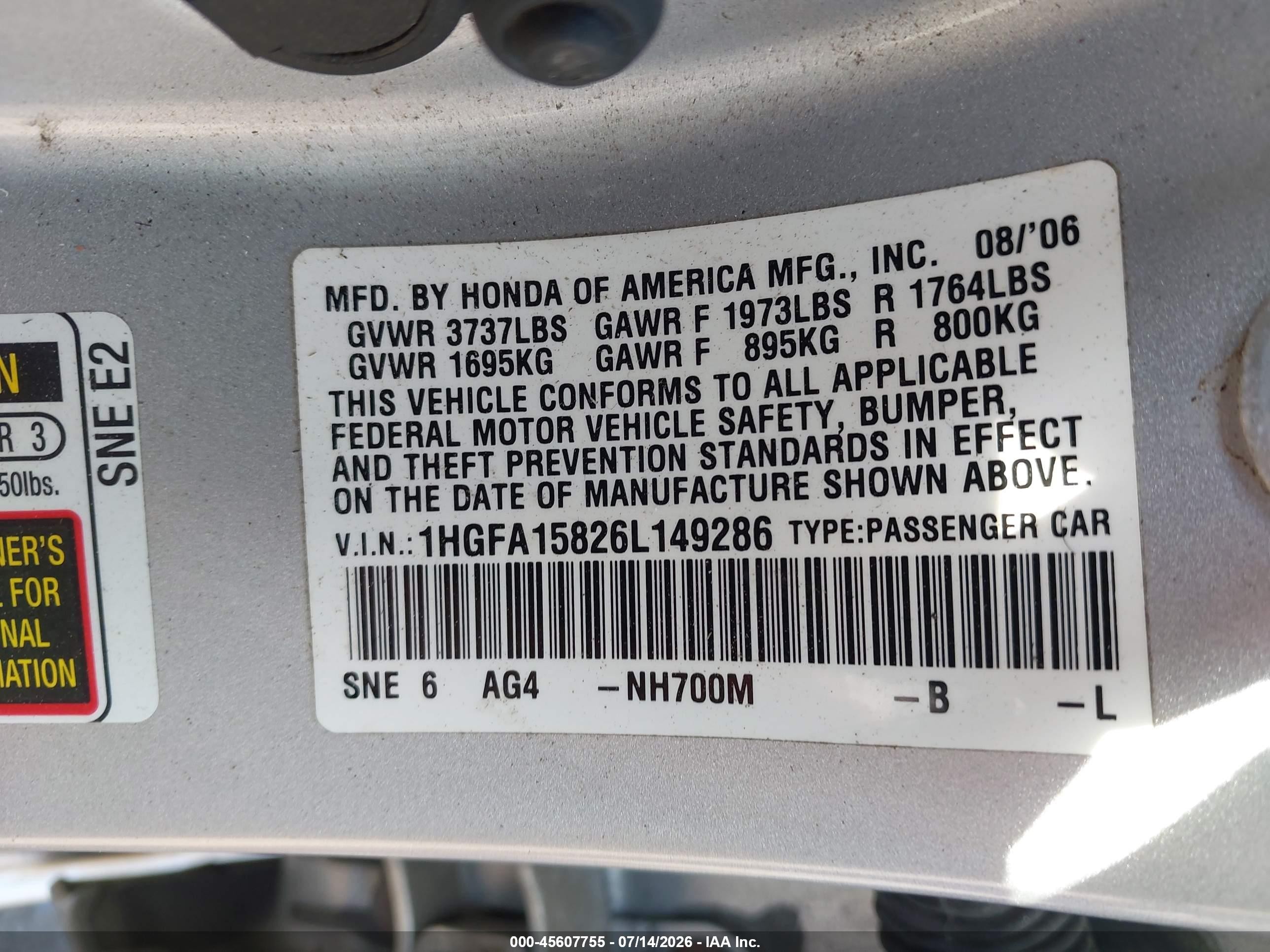 2006 Honda Civic Ex Серебряный vin: 1HGFA15826L149286
