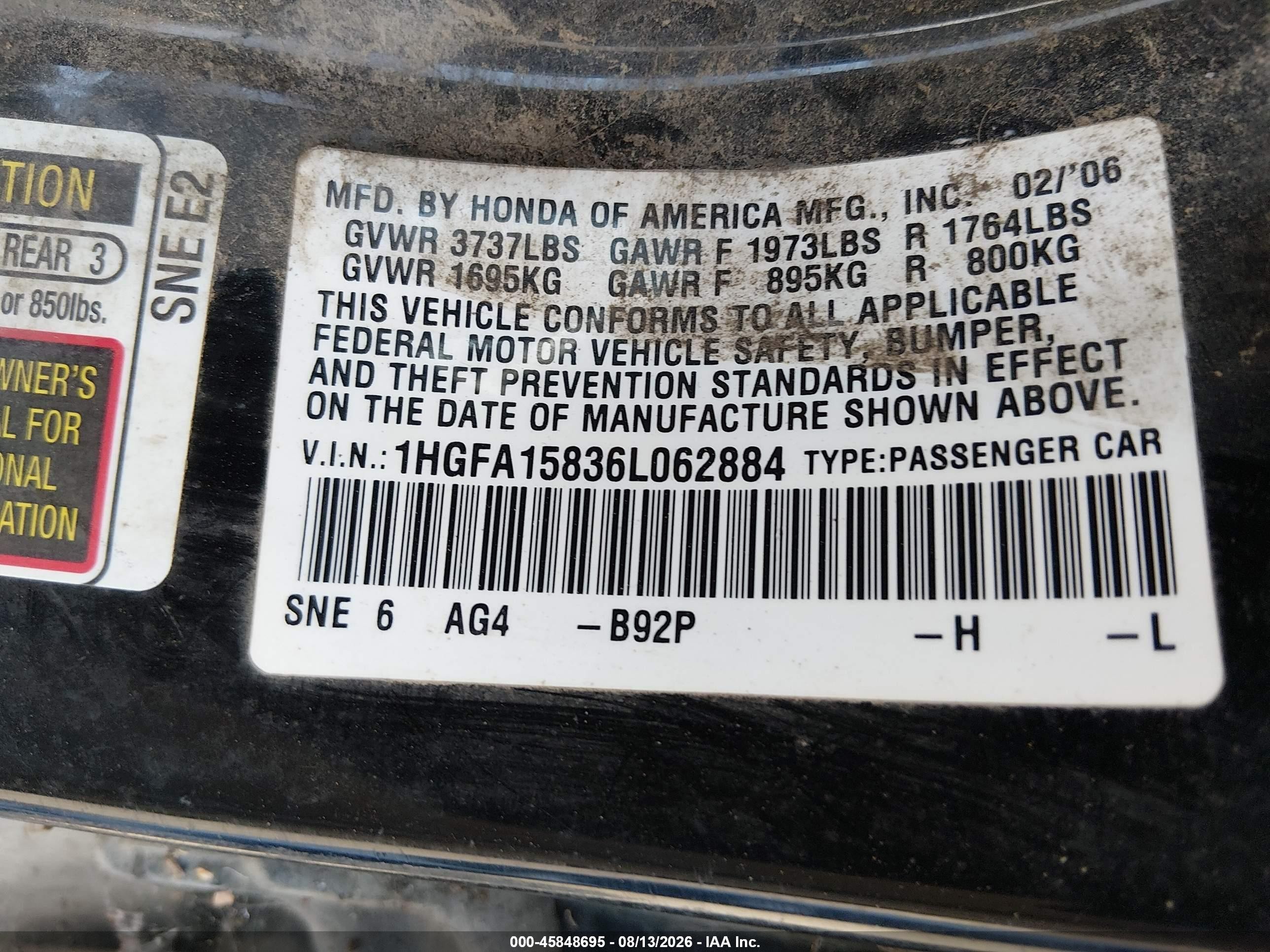 2006 Honda Civic Ex Black vin: 1HGFA15836L062884