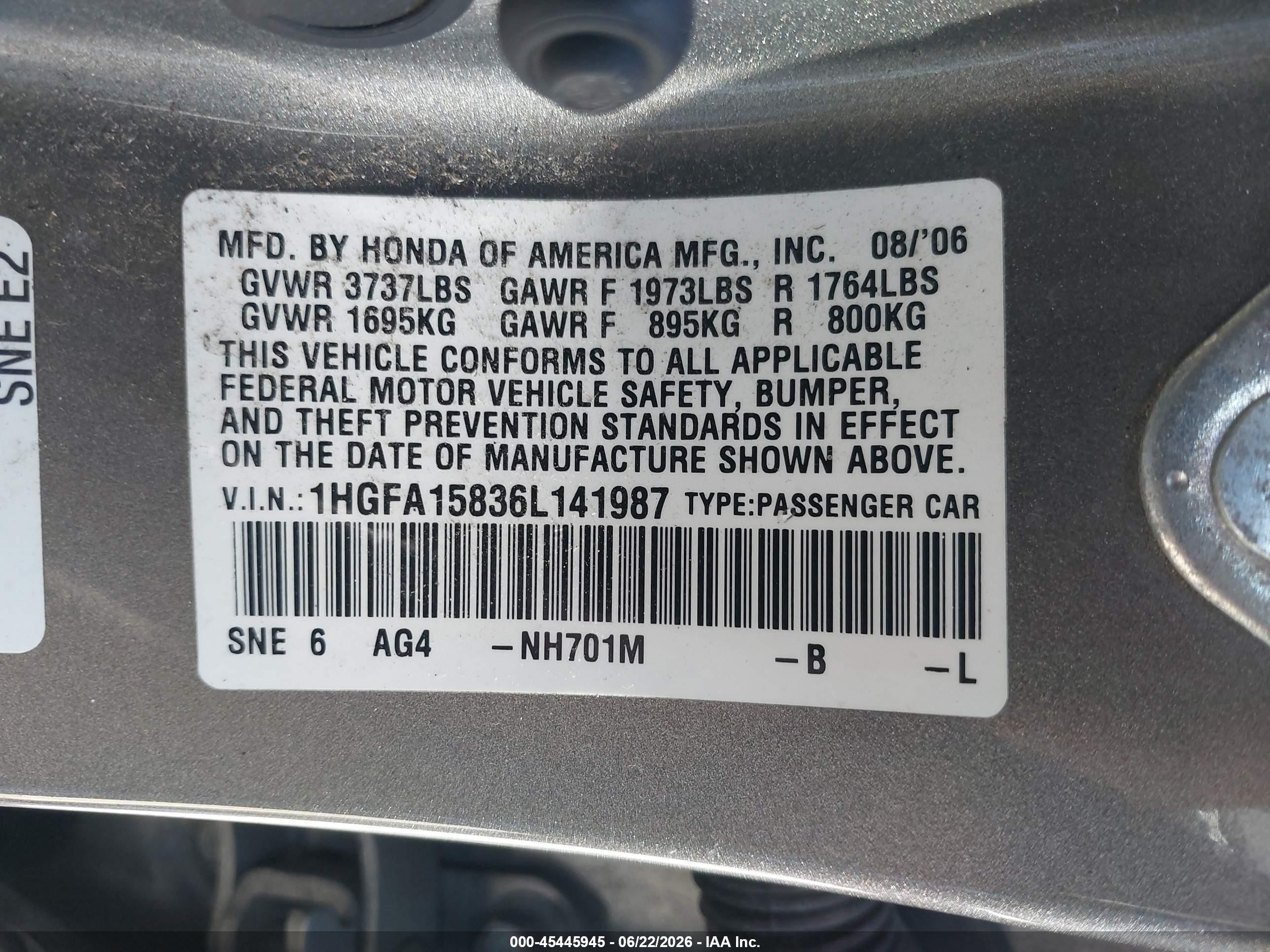 2006 Honda Civic Ex Gray vin: 1HGFA15836L141987