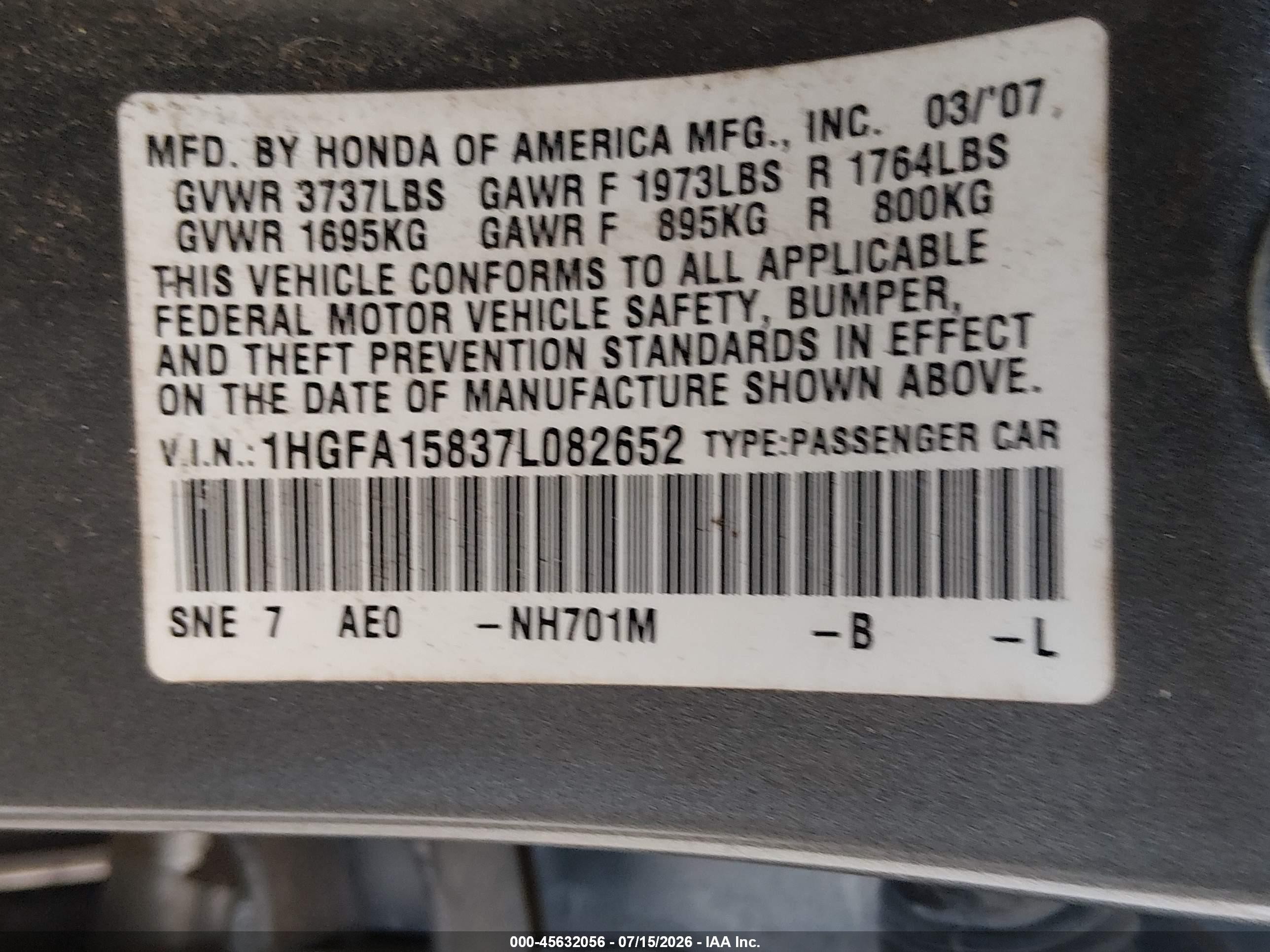 2007 Honda Civic Ex Gray vin: 1HGFA15837L082652