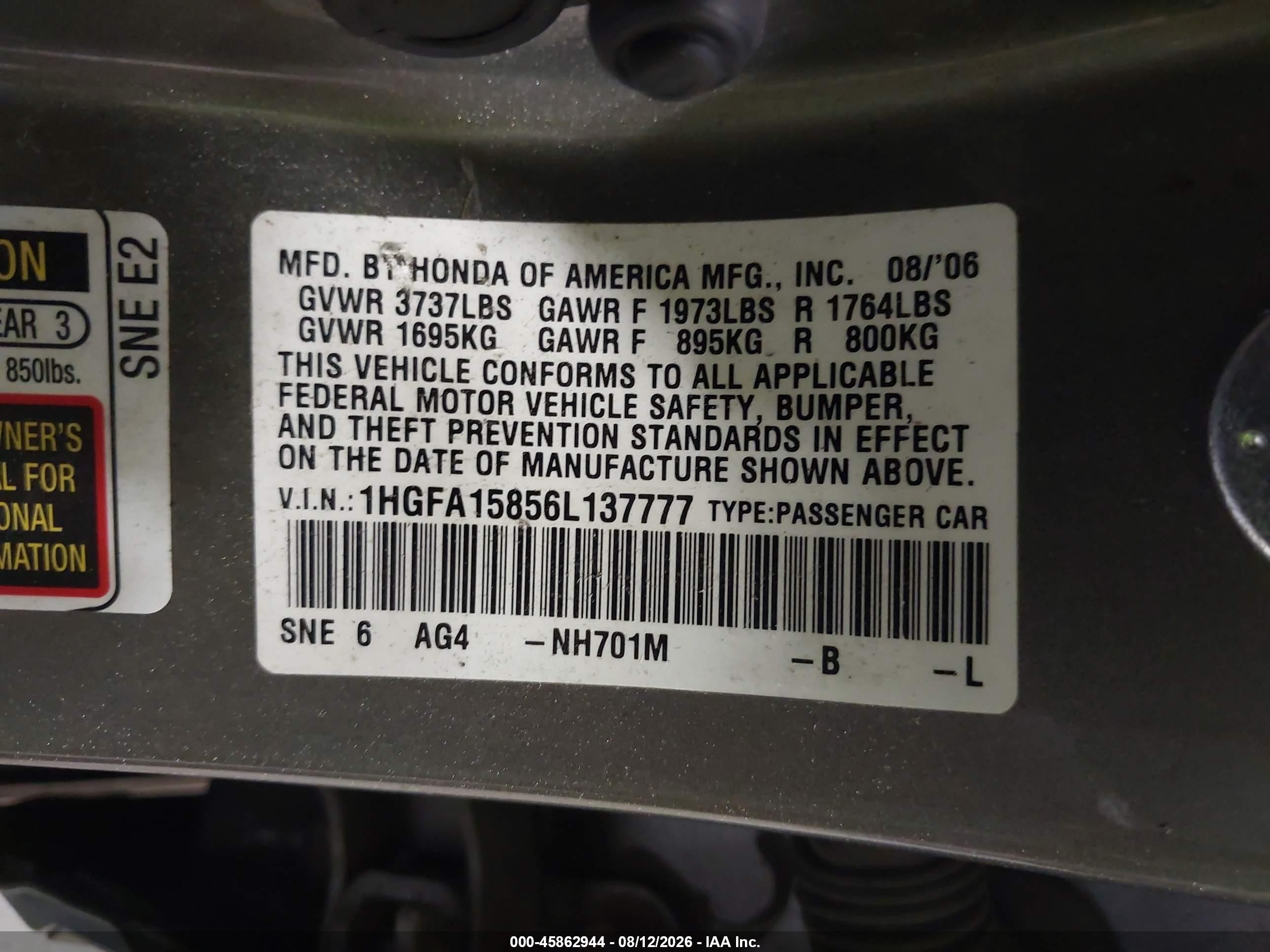 2006 Honda Civic Ex Gray vin: 1HGFA15856L137777