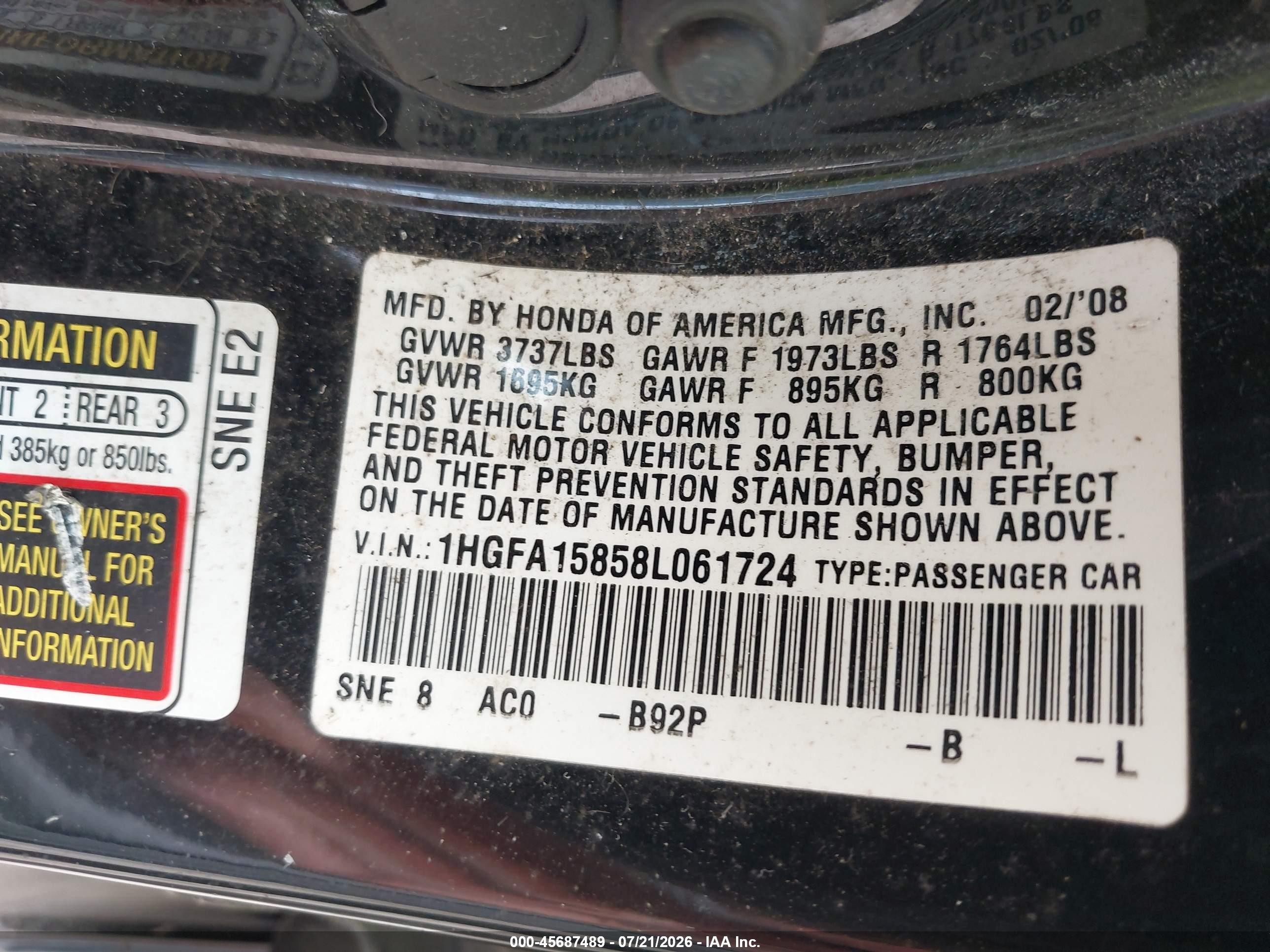 2008 Honda Civic Ex Black vin: 1HGFA15858L061724