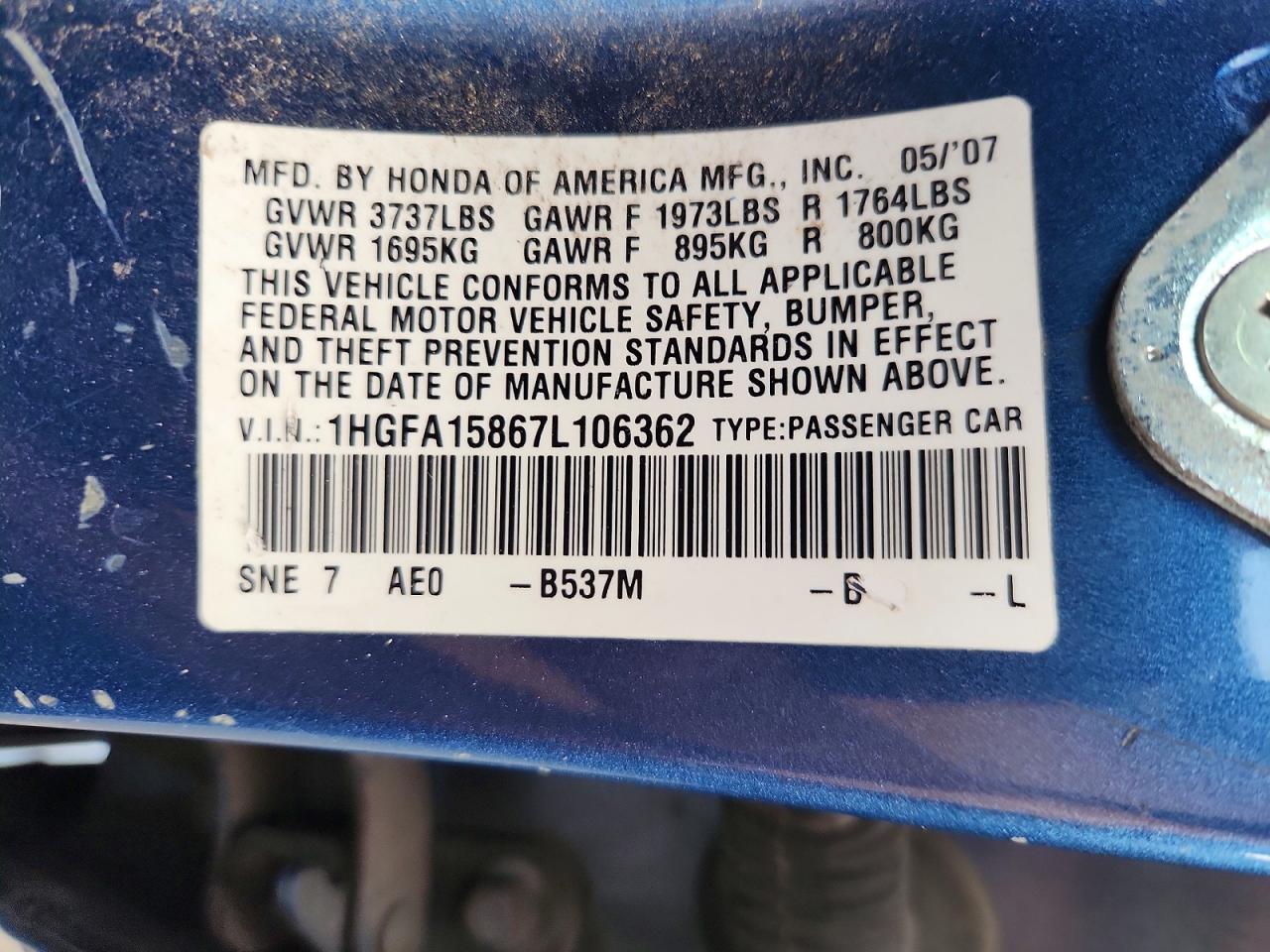 2007 Honda Civic Ex Blue vin: 1HGFA15867L106362