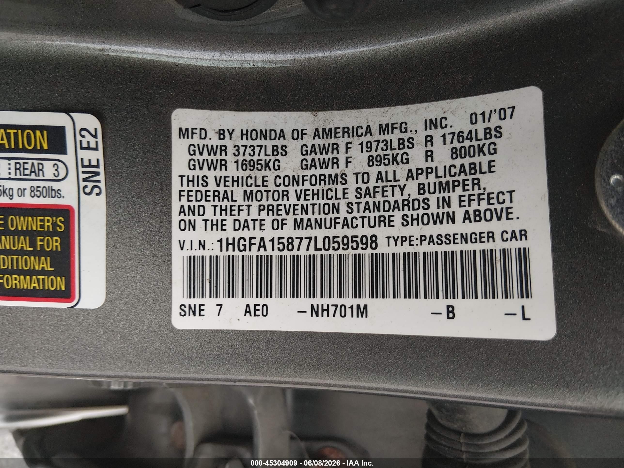 2007 Honda Civic Ex Champagne vin: 1HGFA15877L059598