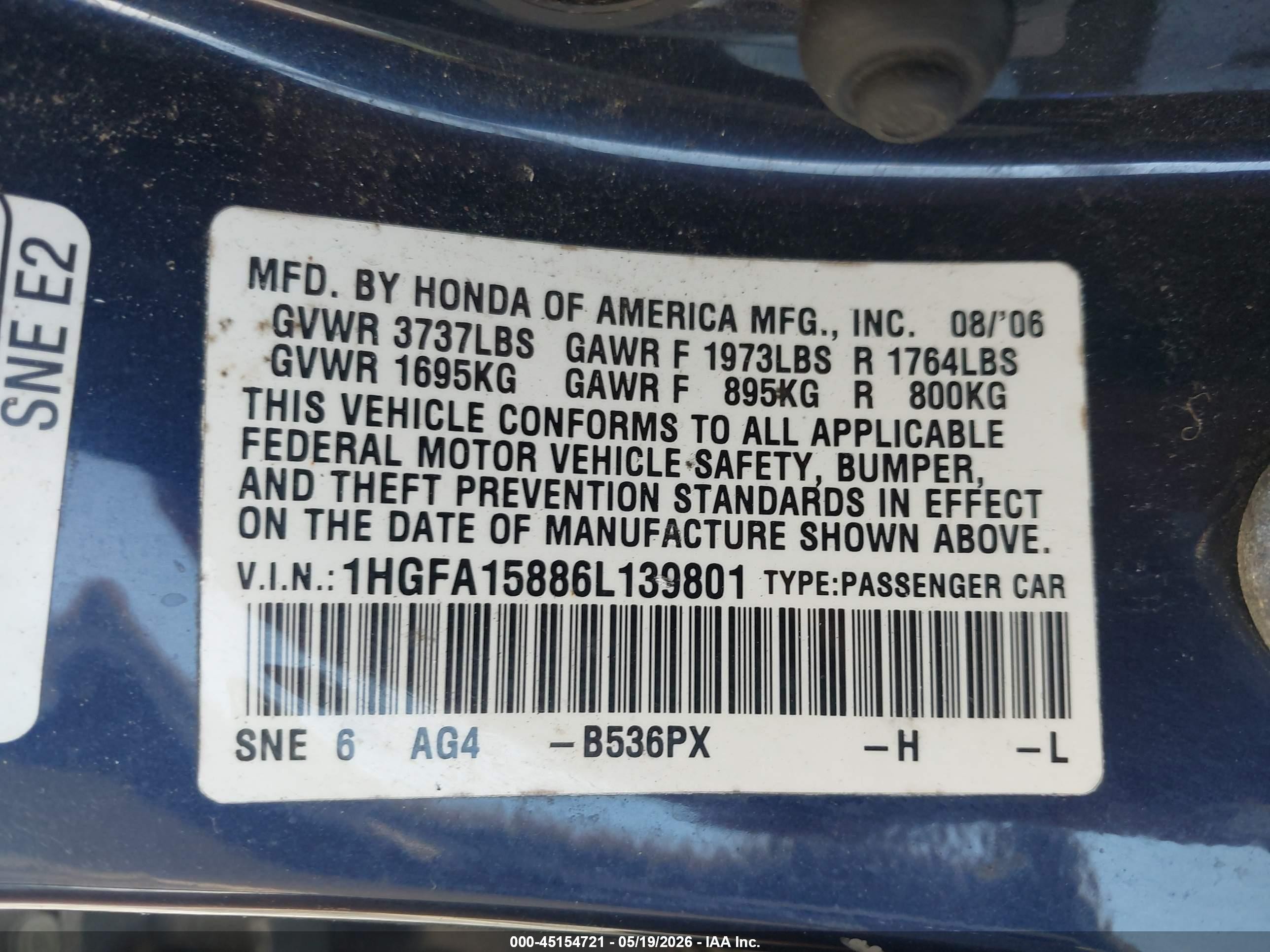 2006 Honda Civic Ex Blue vin: 1HGFA15886L139801