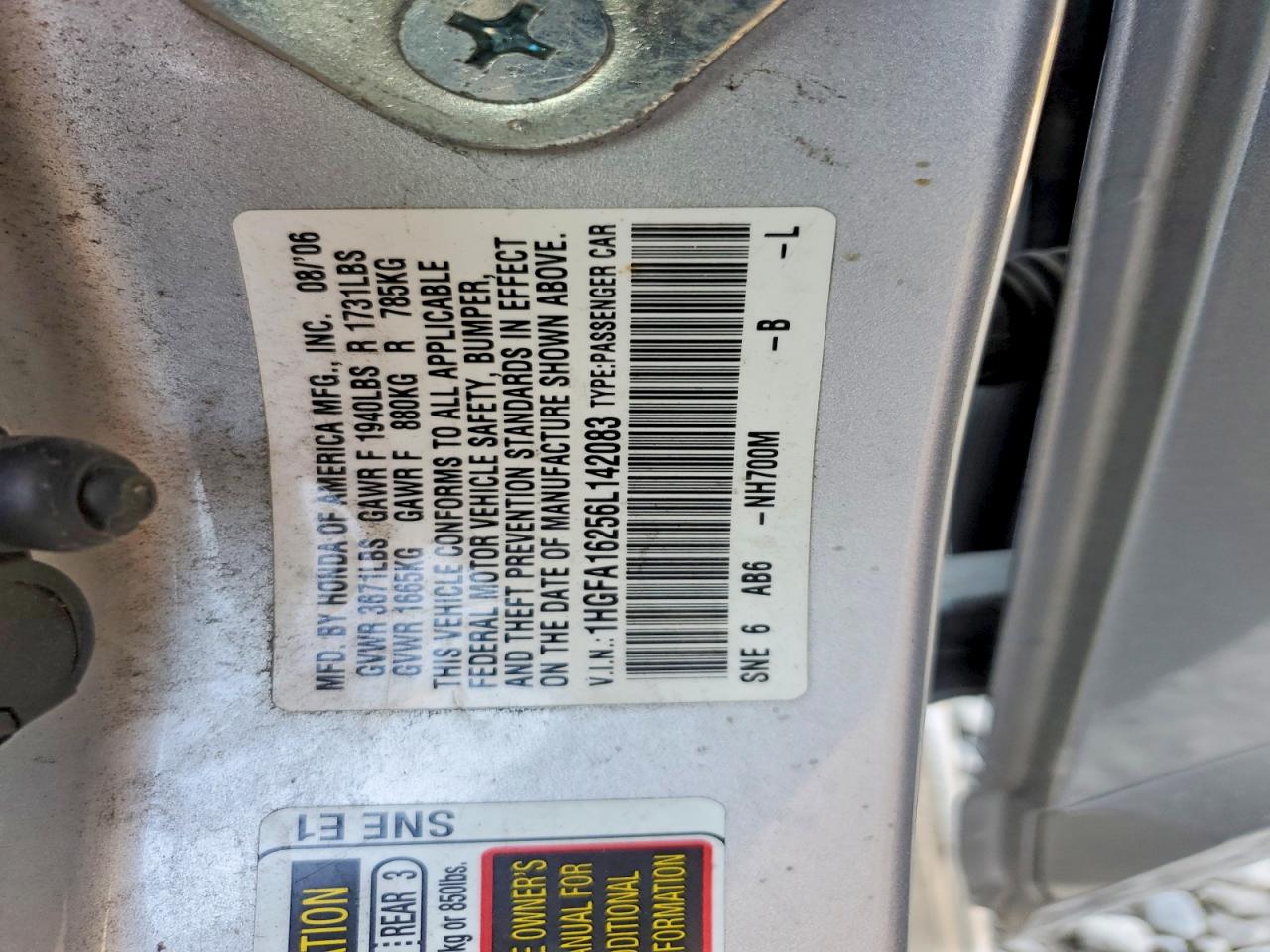 2006 Honda Civic Dx Silver vin: 1HGFA16256L142083