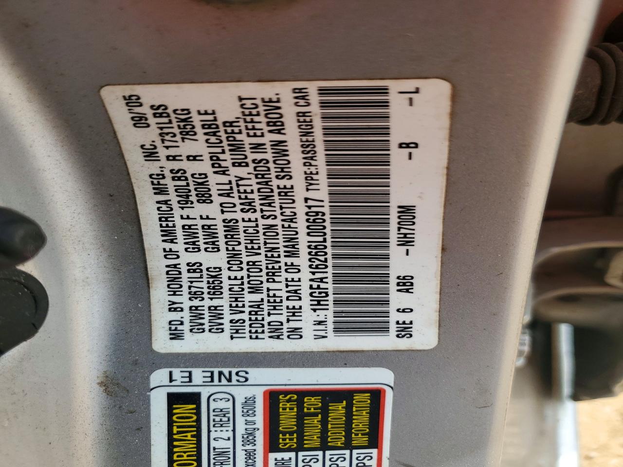 2006 Honda Civic Dx Silver vin: 1HGFA16266L006917