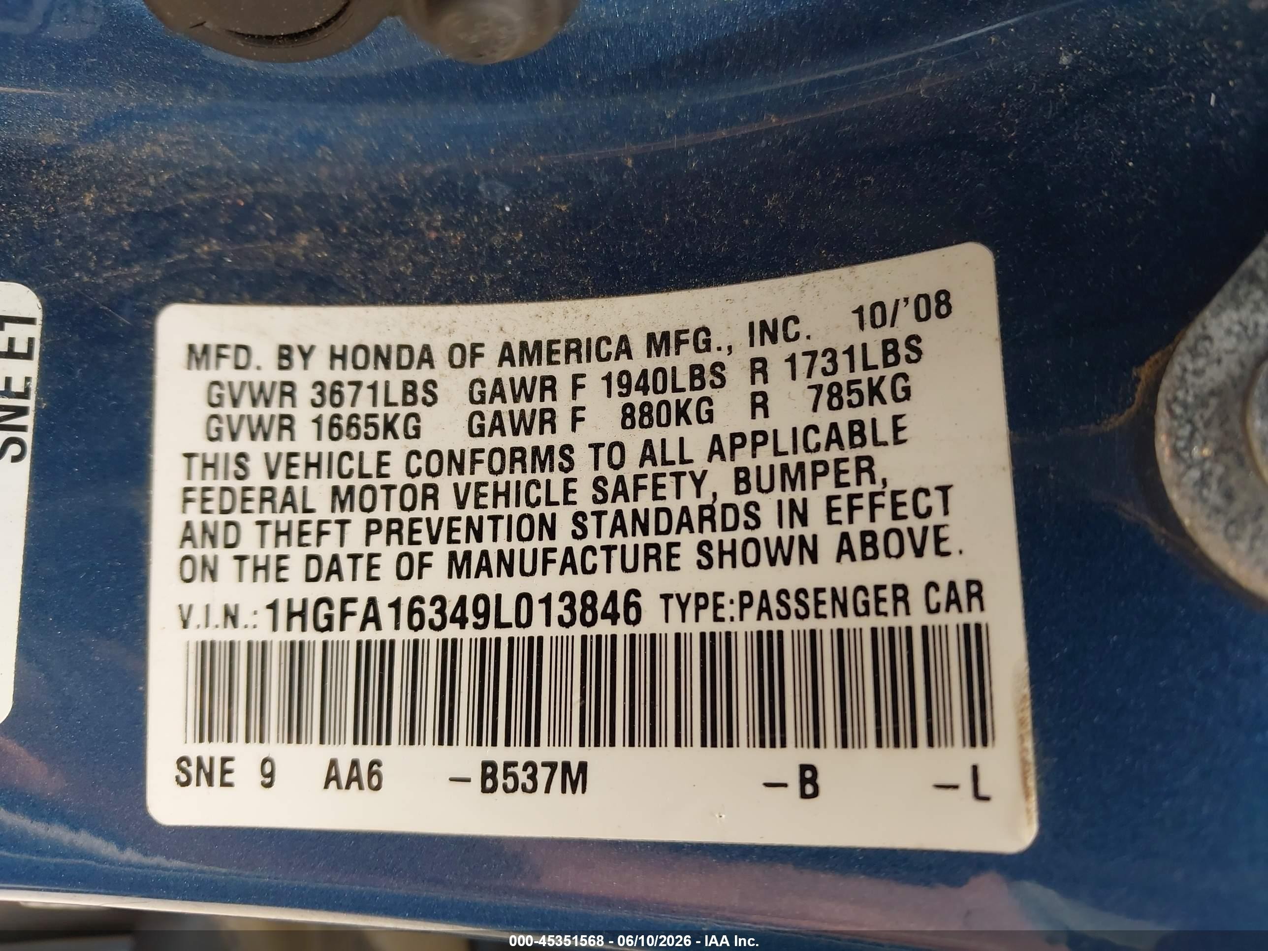 2009 Honda Civic Vp Blue vin: 1HGFA16349L013846