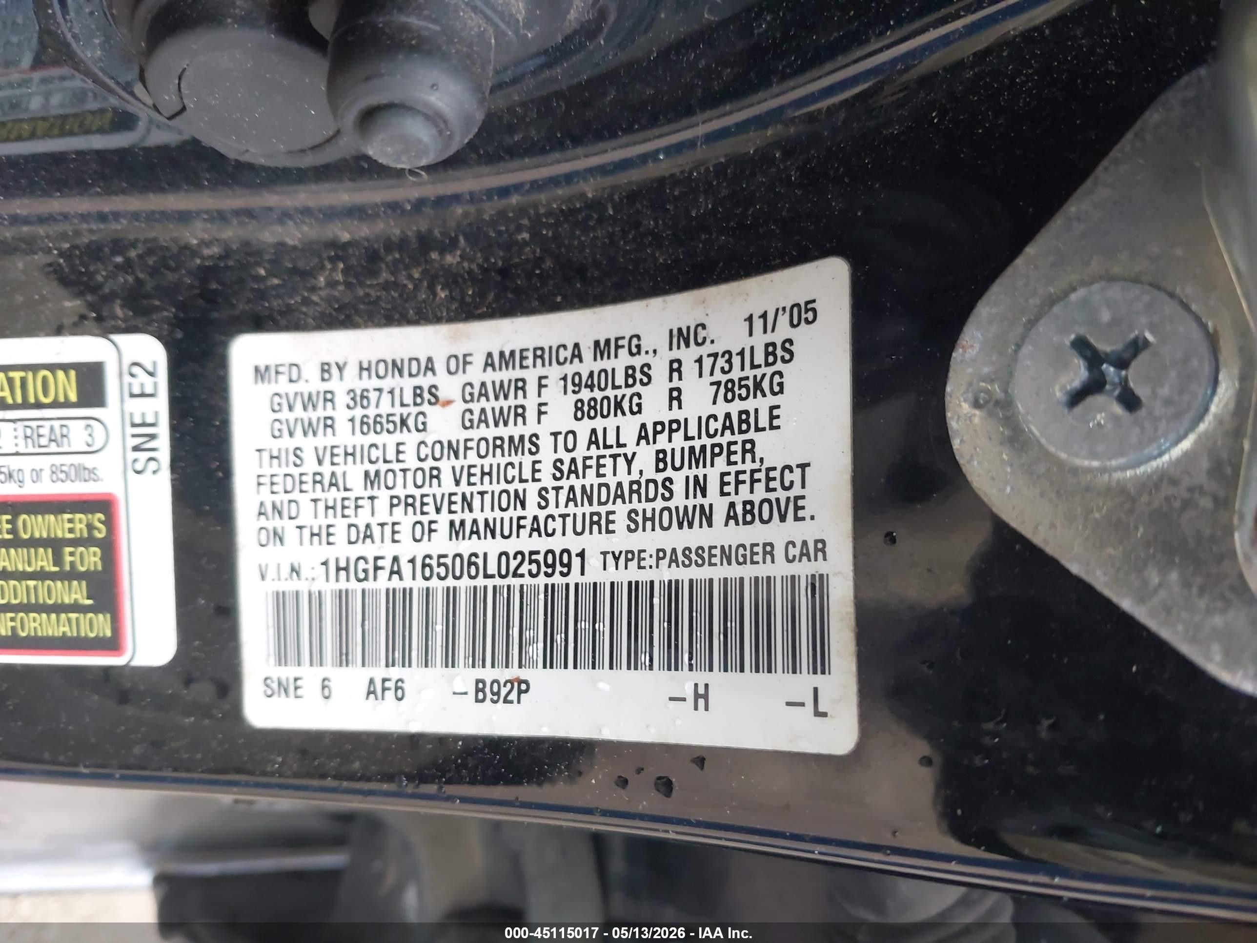 2006 Honda Civic Lx Черный vin: 1HGFA16506L025991