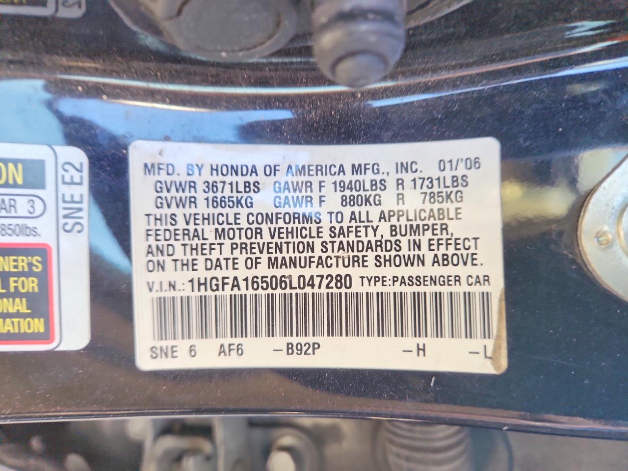 2006 Honda Civic Lx Black vin: 1HGFA16506L047280