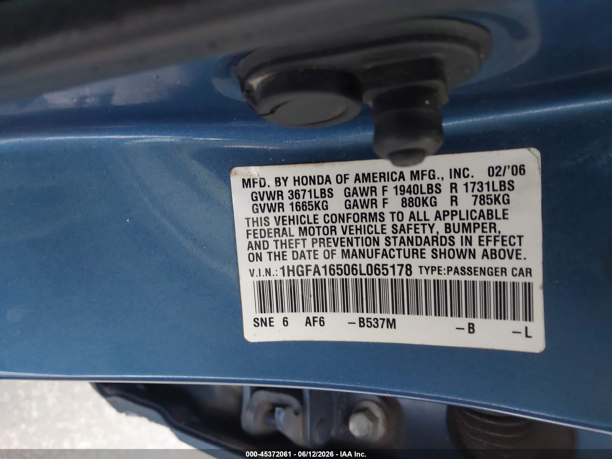 2006 Honda Civic Lx Blue vin: 1HGFA16506L065178