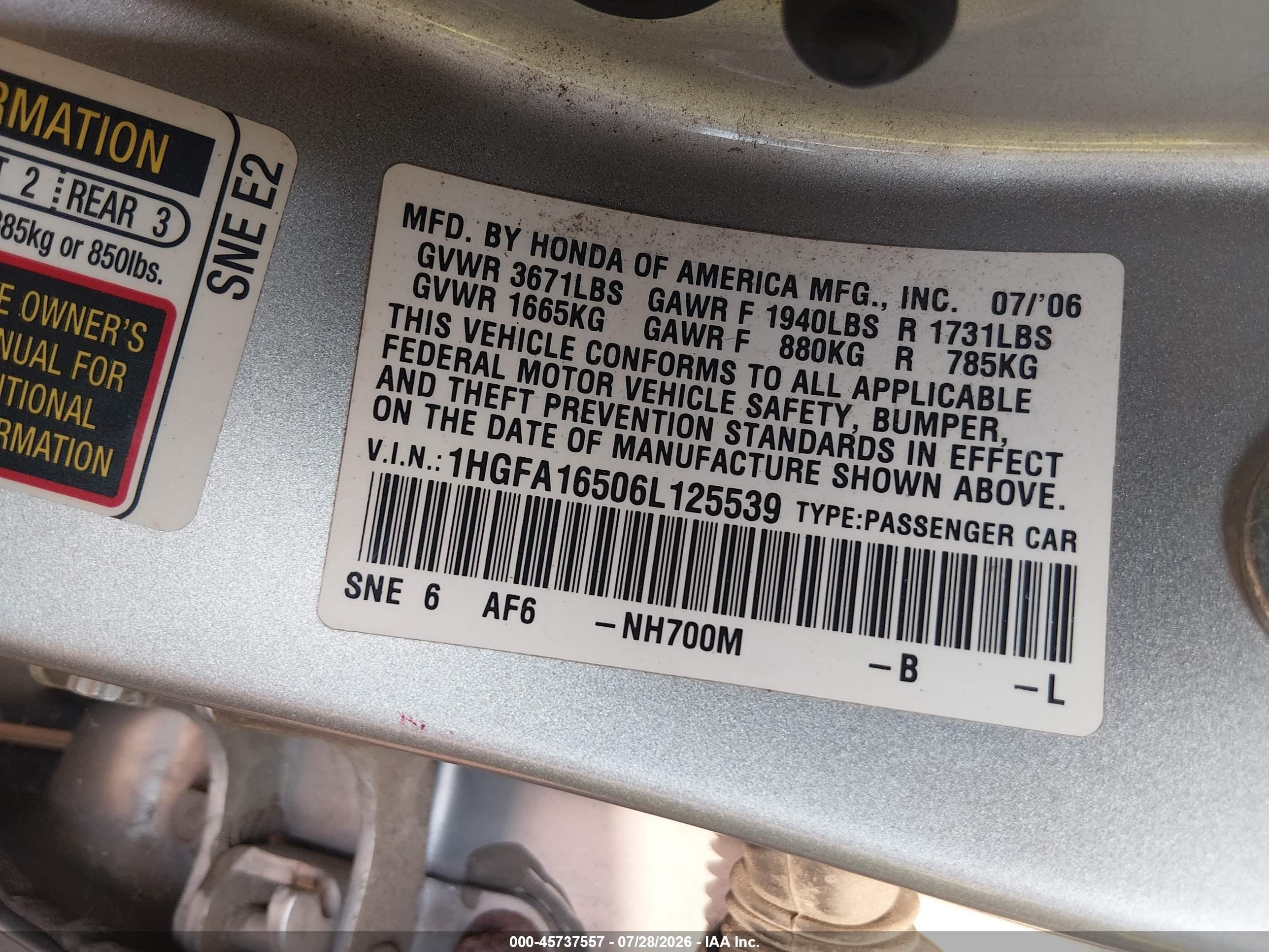 2006 Honda Civic Lx Silver vin: 1HGFA16506L125539