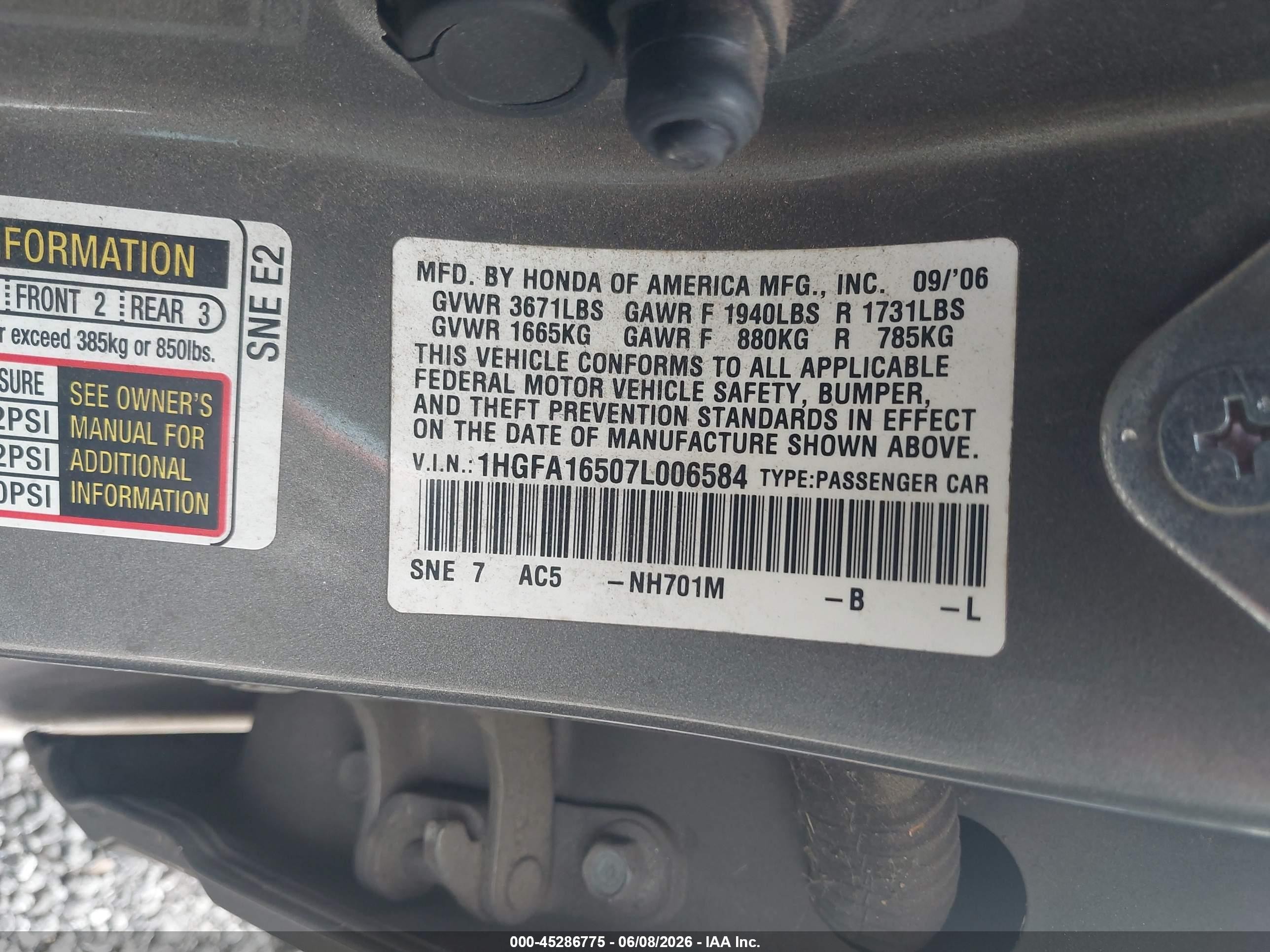 2007 Honda Civic Lx Gray vin: 1HGFA16507L006584