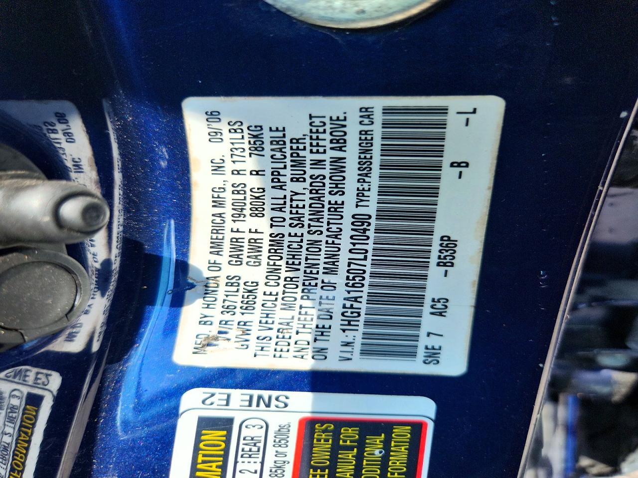 2007 Honda Civic Lx Blue vin: 1HGFA16507L010490