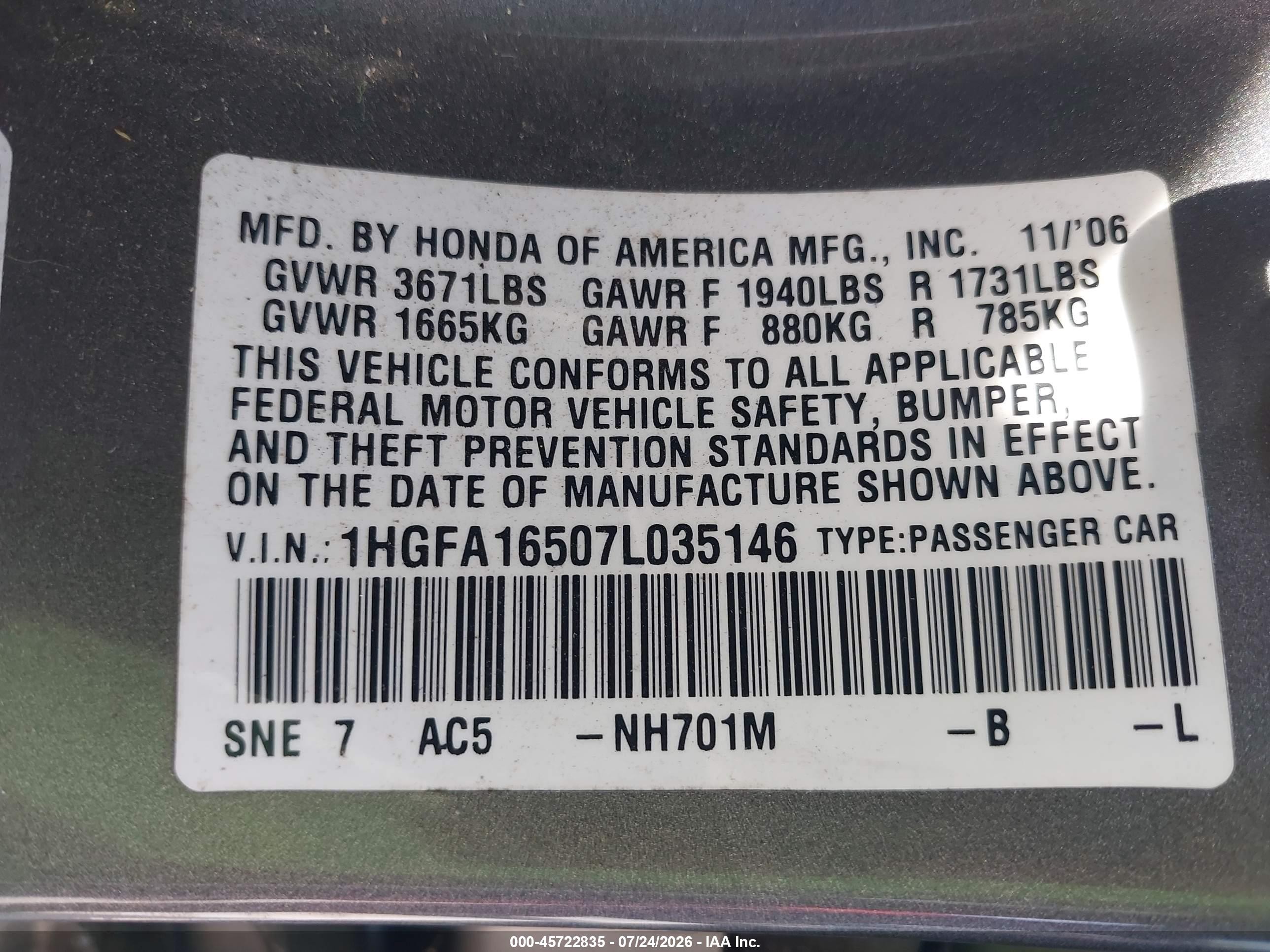 2007 Honda Civic Lx Gray vin: 1HGFA16507L035146