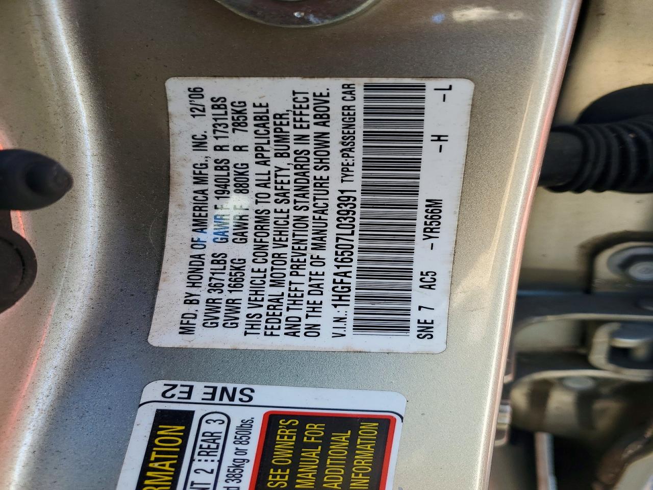 2007 Honda Civic Lx Gold vin: 1HGFA16507L039391