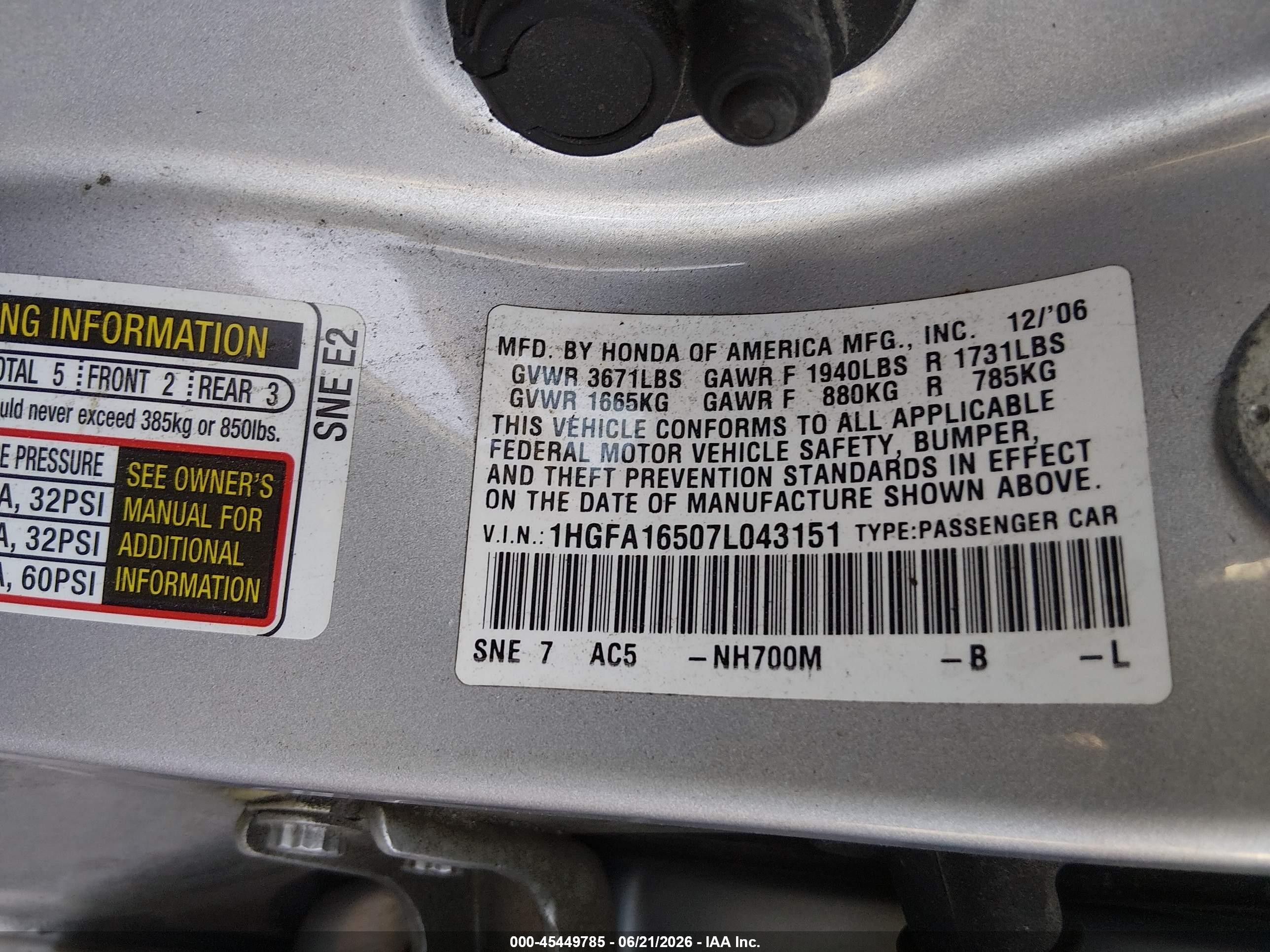 2007 Honda Civic Lx Silver vin: 1HGFA16507L043151