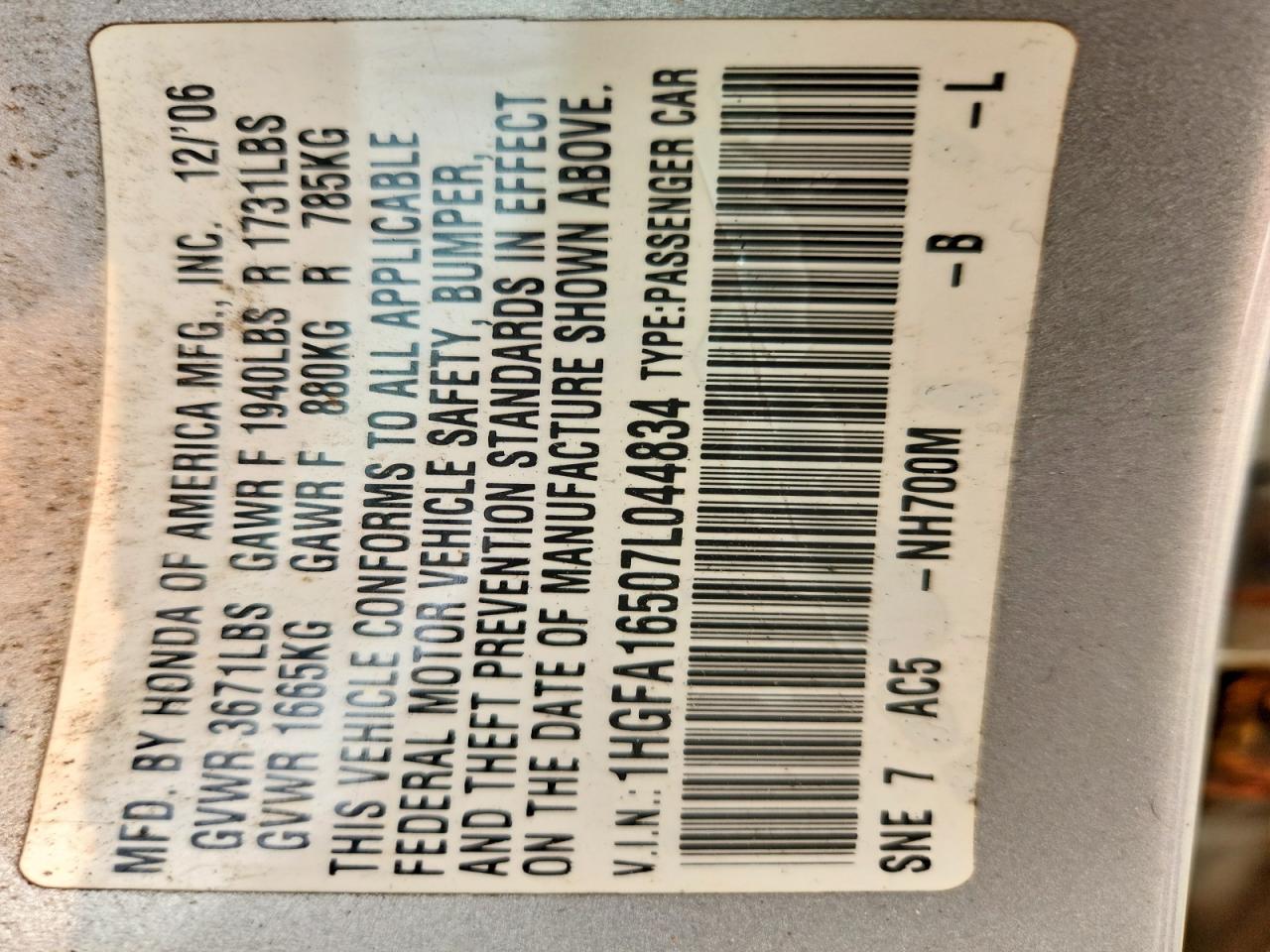 2007 Honda Civic Lx Silver vin: 1HGFA16507L044834