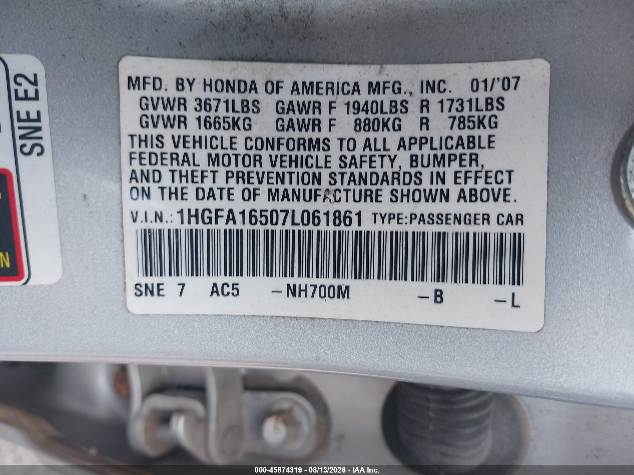 2007 Honda Civic Lx Silver vin: 1HGFA16507L061861