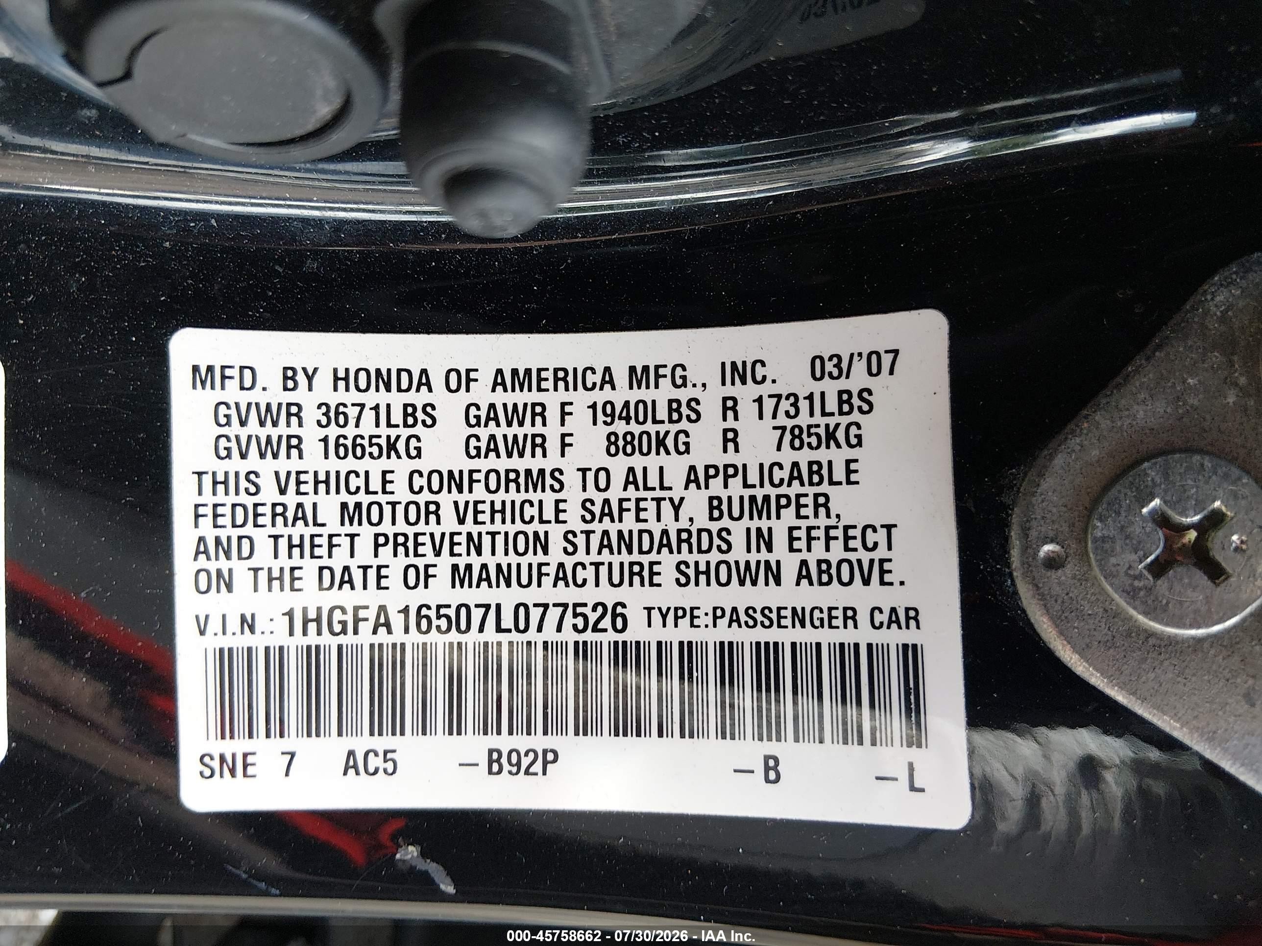 2007 Honda Civic Lx Black vin: 1HGFA16507L077526