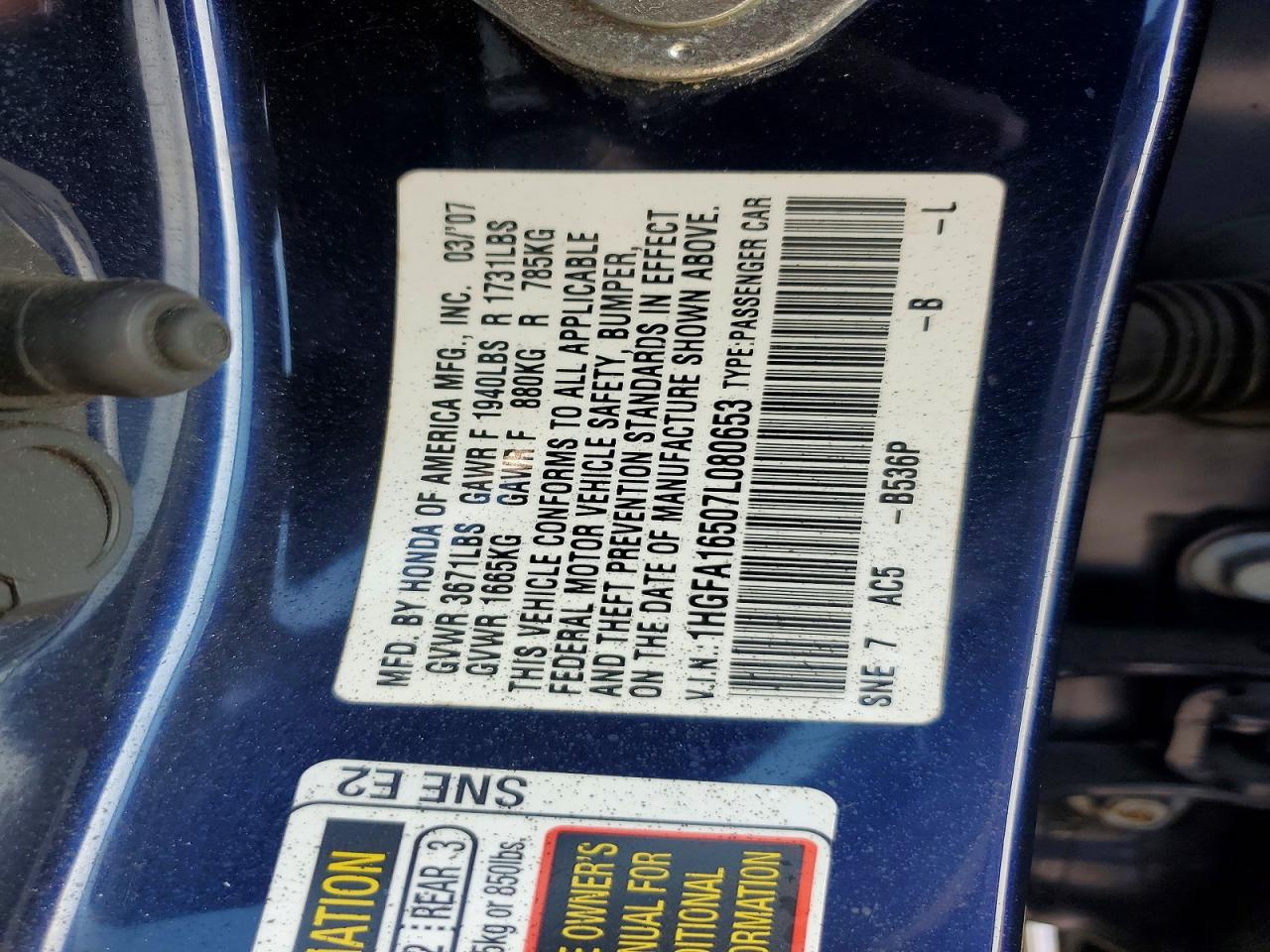 2007 Honda Civic Lx Blue vin: 1HGFA16507L080653