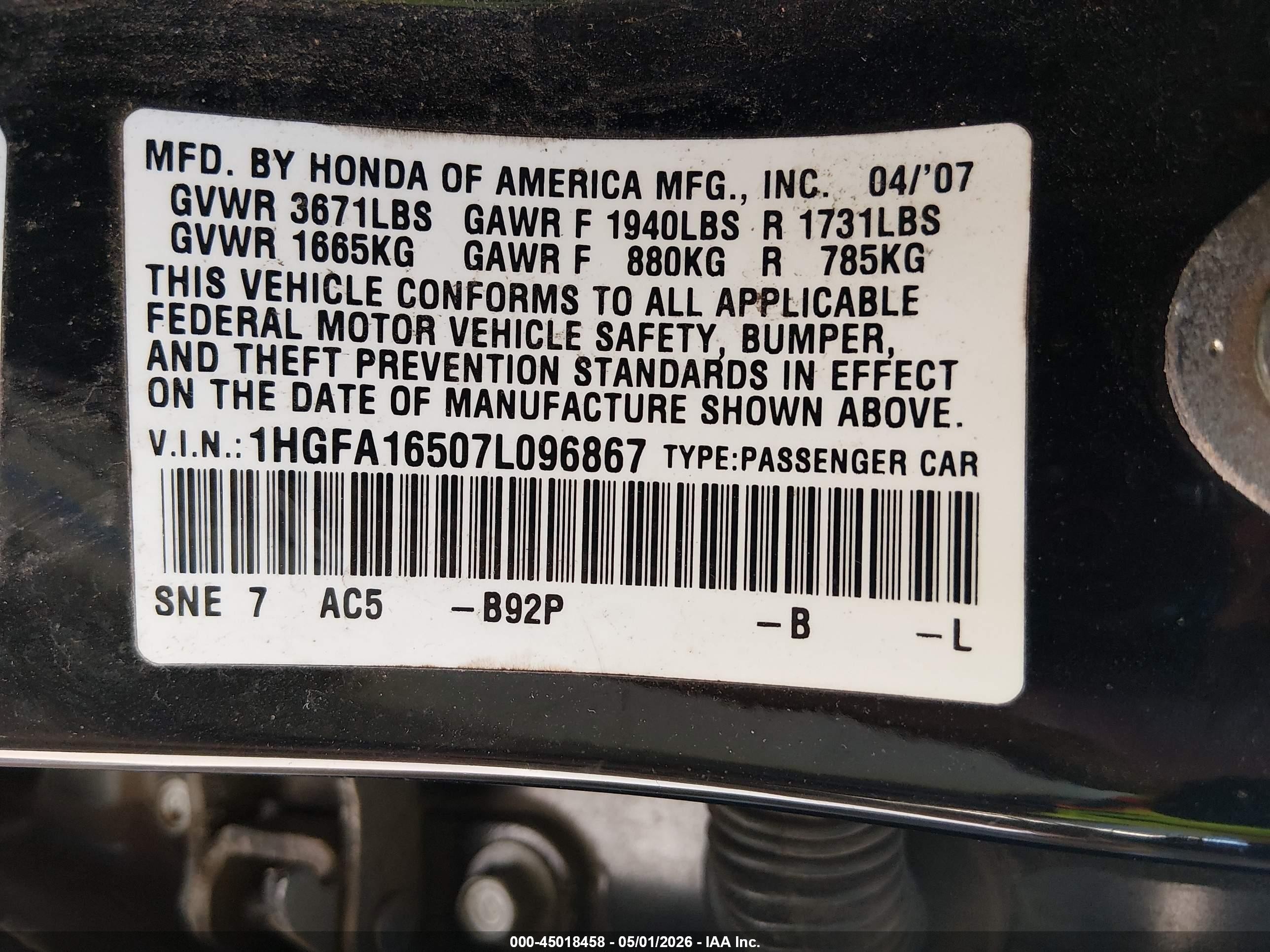 2007 Honda Civic Lx Blue vin: 1HGFA16507L096867