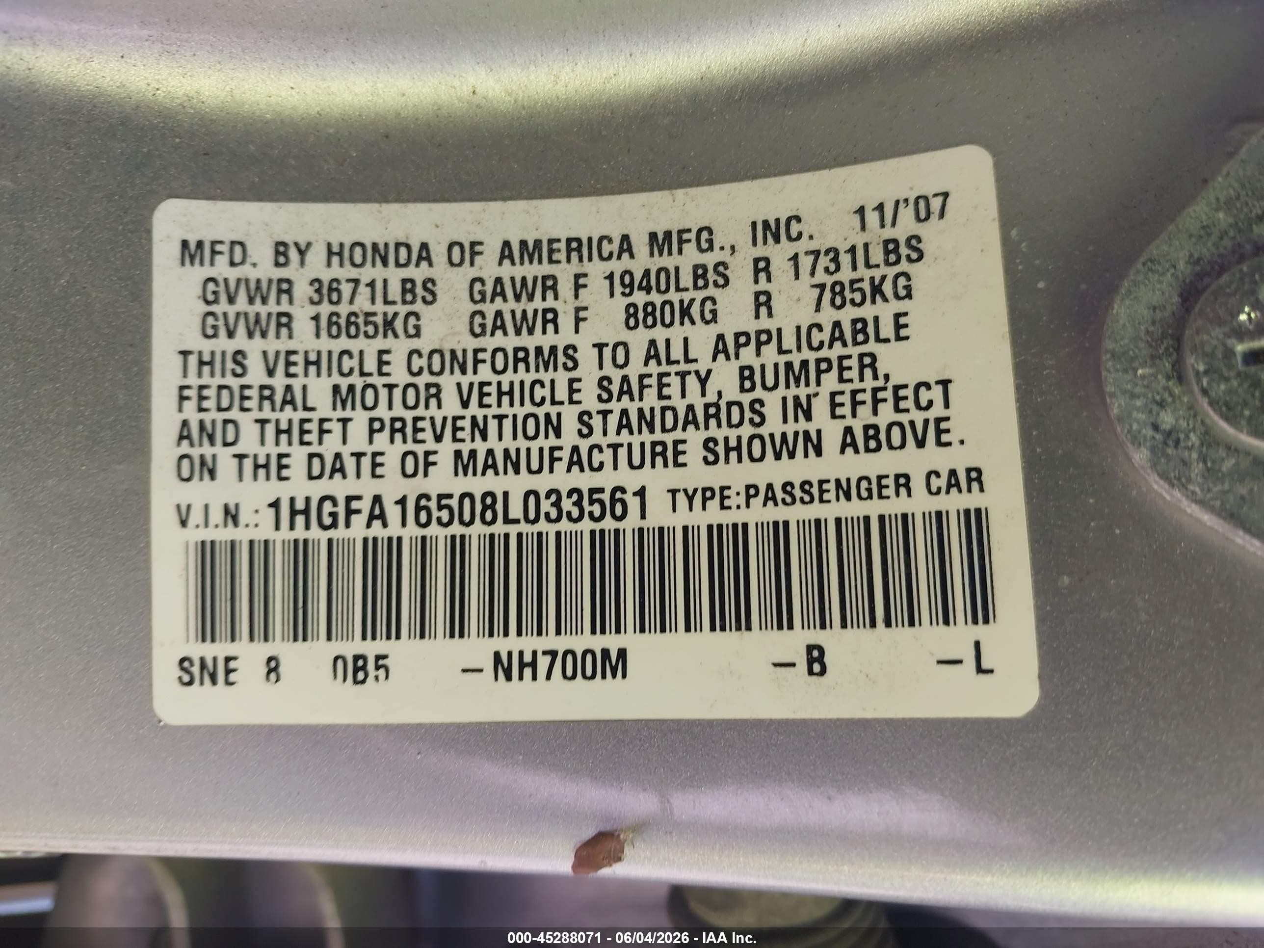 2008 Honda Civic Lx Silver vin: 1HGFA16508L033561