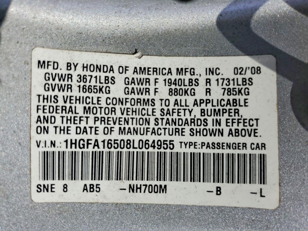 2008 Honda Civic Lx Silver vin: 1HGFA16508L064955