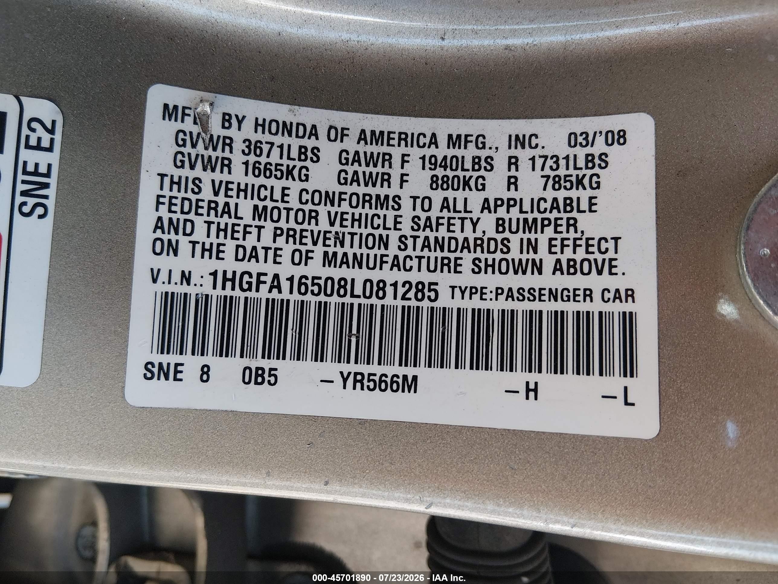 2008 Honda Civic Lx Gold vin: 1HGFA16508L081285