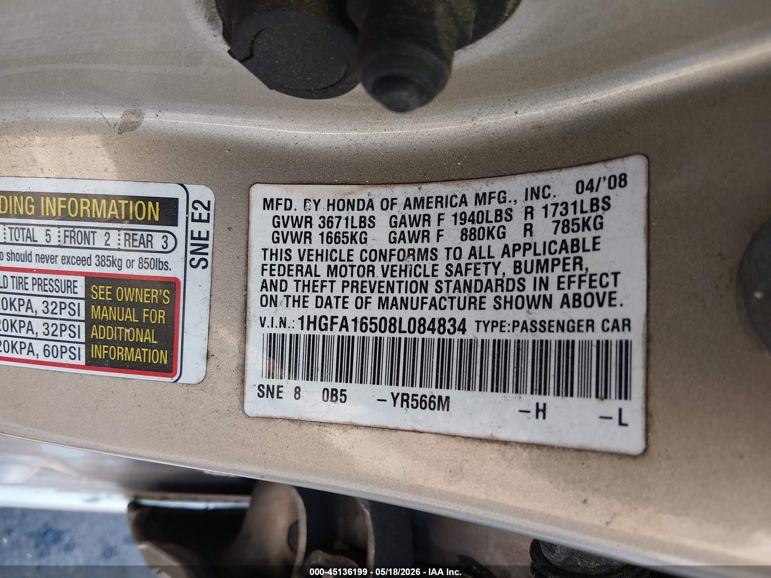2008 Honda Civic Lx Gold vin: 1HGFA16508L084834