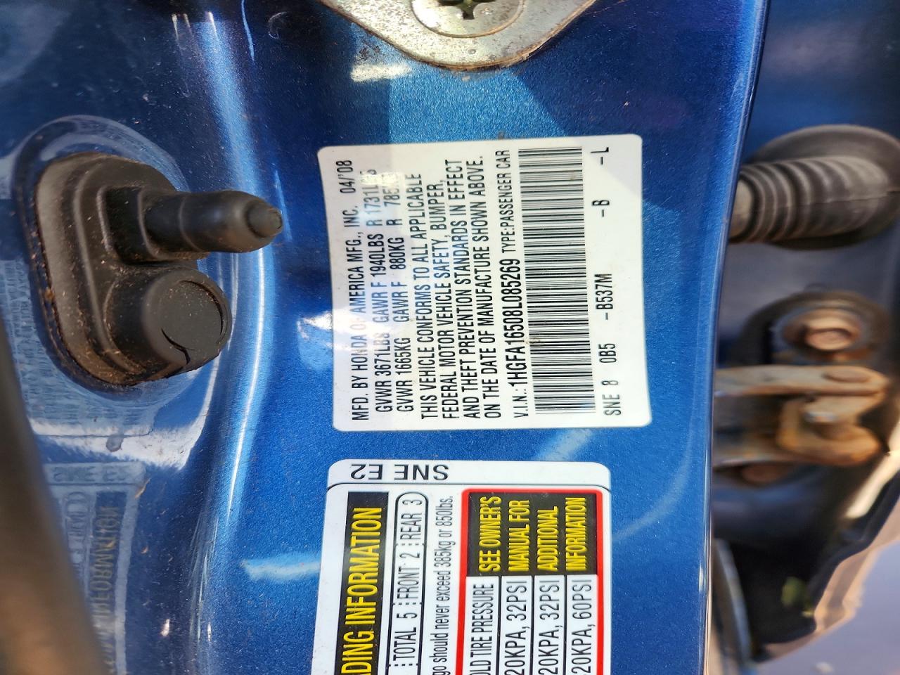 2008 Honda Civic Lx Blue vin: 1HGFA16508L085269