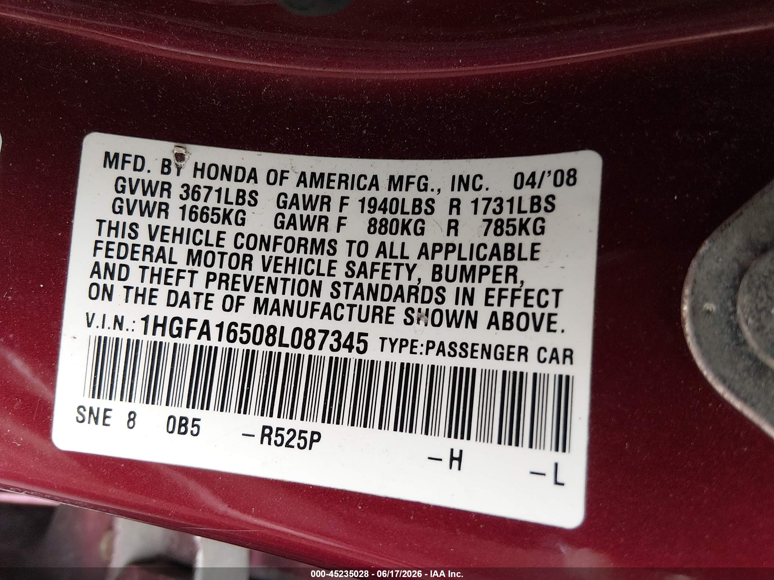 2008 Honda Civic Lx Red vin: 1HGFA16508L087345