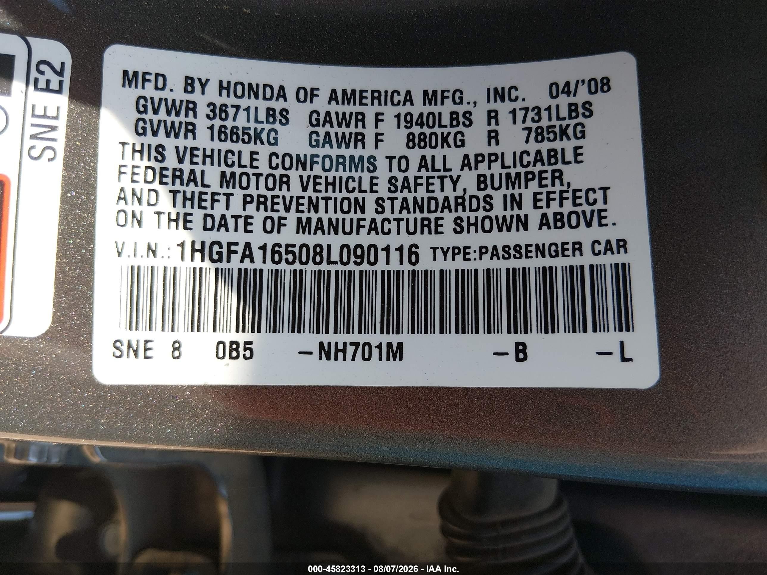 2008 Honda Civic Lx Gray vin: 1HGFA16508L090116