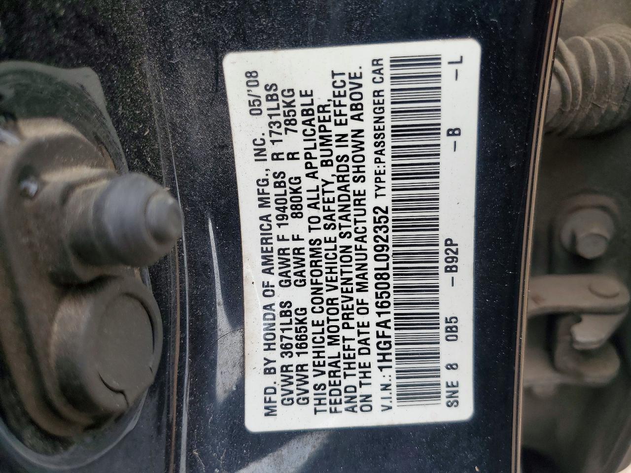 2008 Honda Civic Lx Black vin: 1HGFA16508L092352