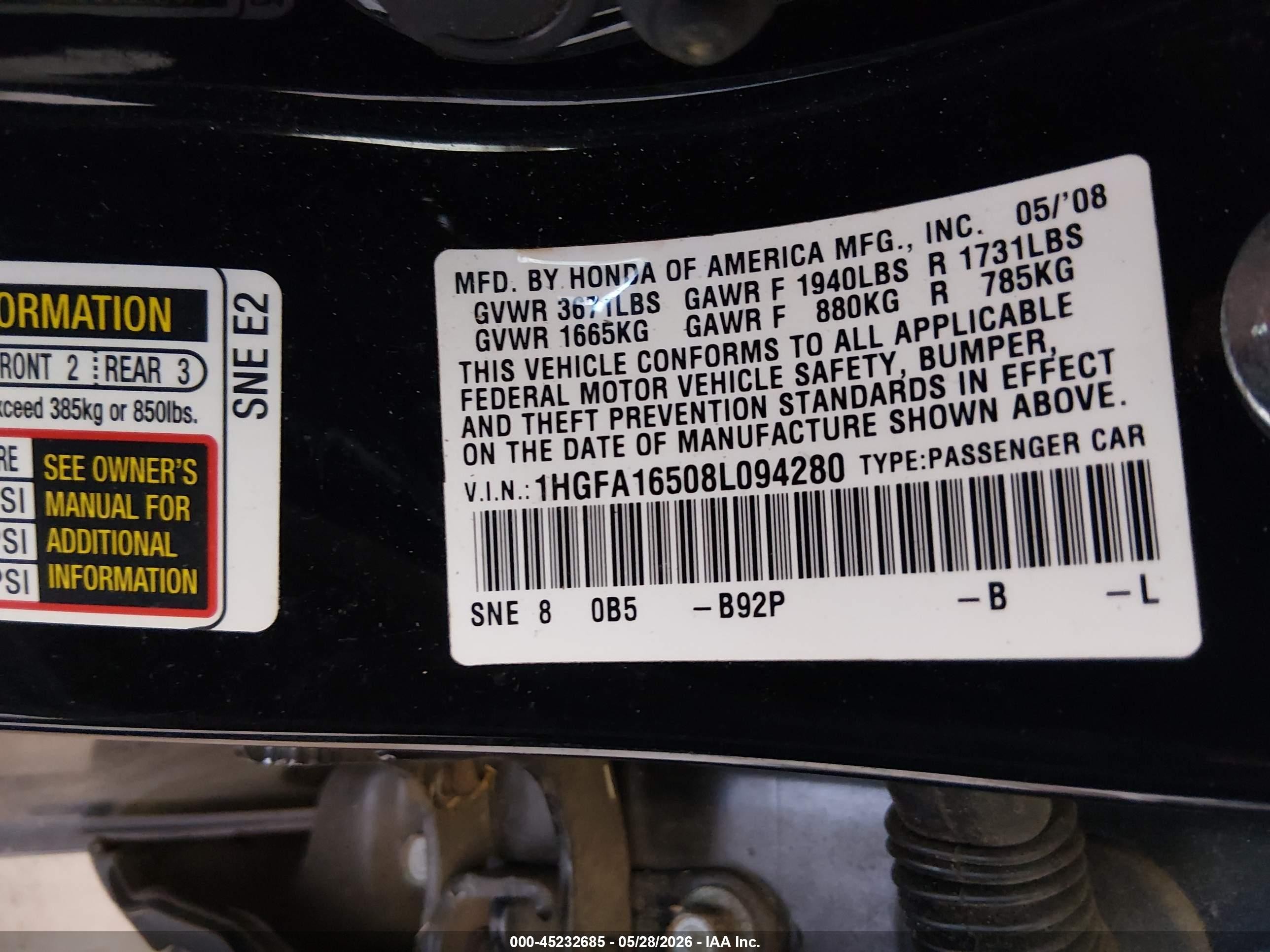 2008 Honda Civic Lx Черный vin: 1HGFA16508L094280