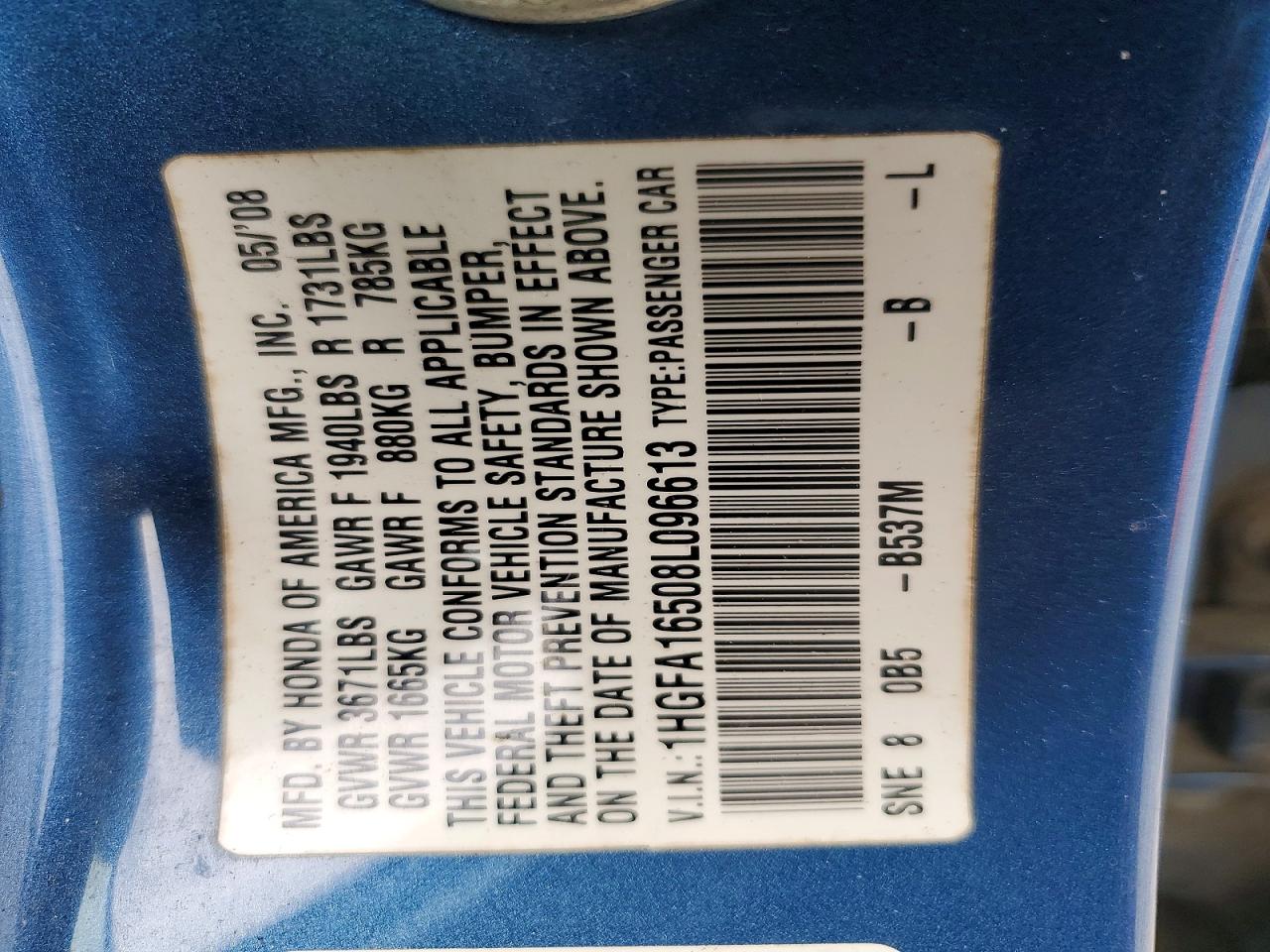 2008 Honda Civic Lx Blue vin: 1HGFA16508L096613