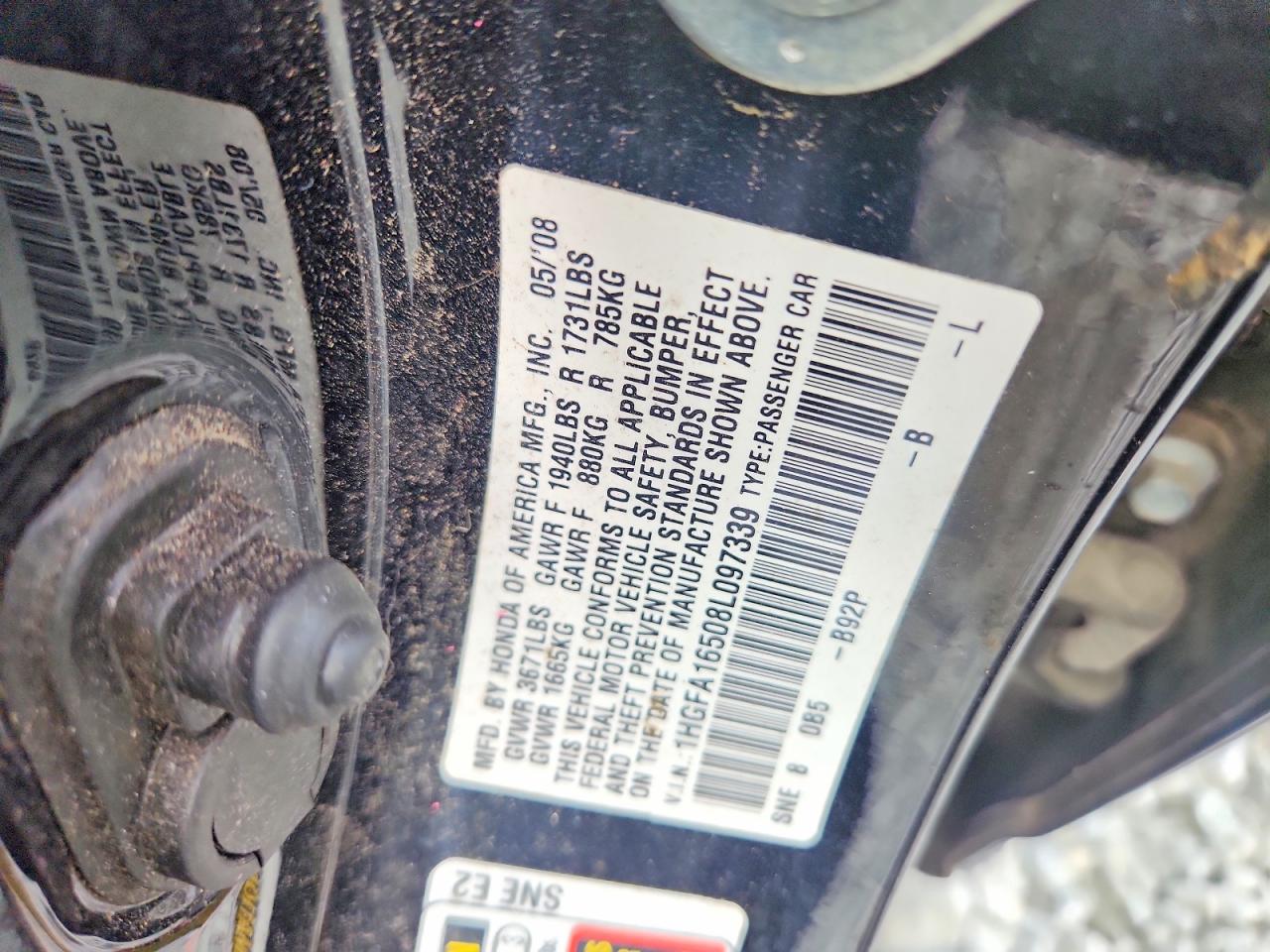2008 Honda Civic Lx Black vin: 1HGFA16508L097339