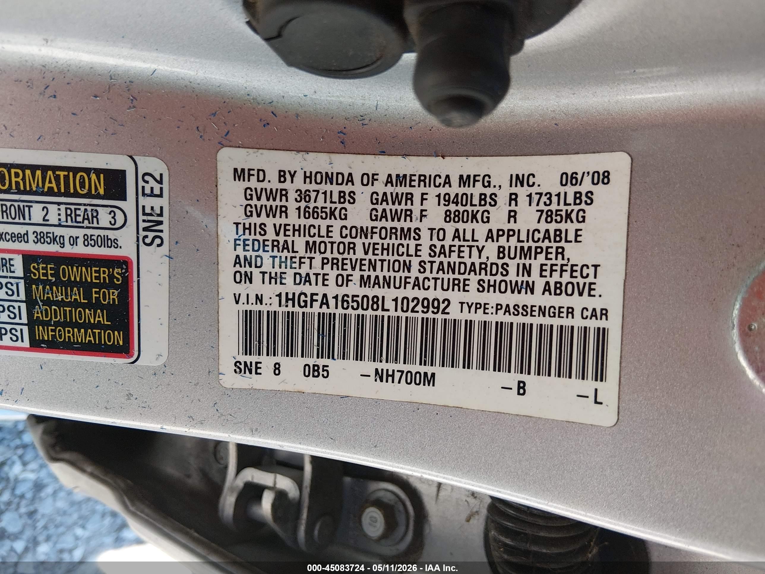 2008 Honda Civic Lx Silver vin: 1HGFA16508L102992