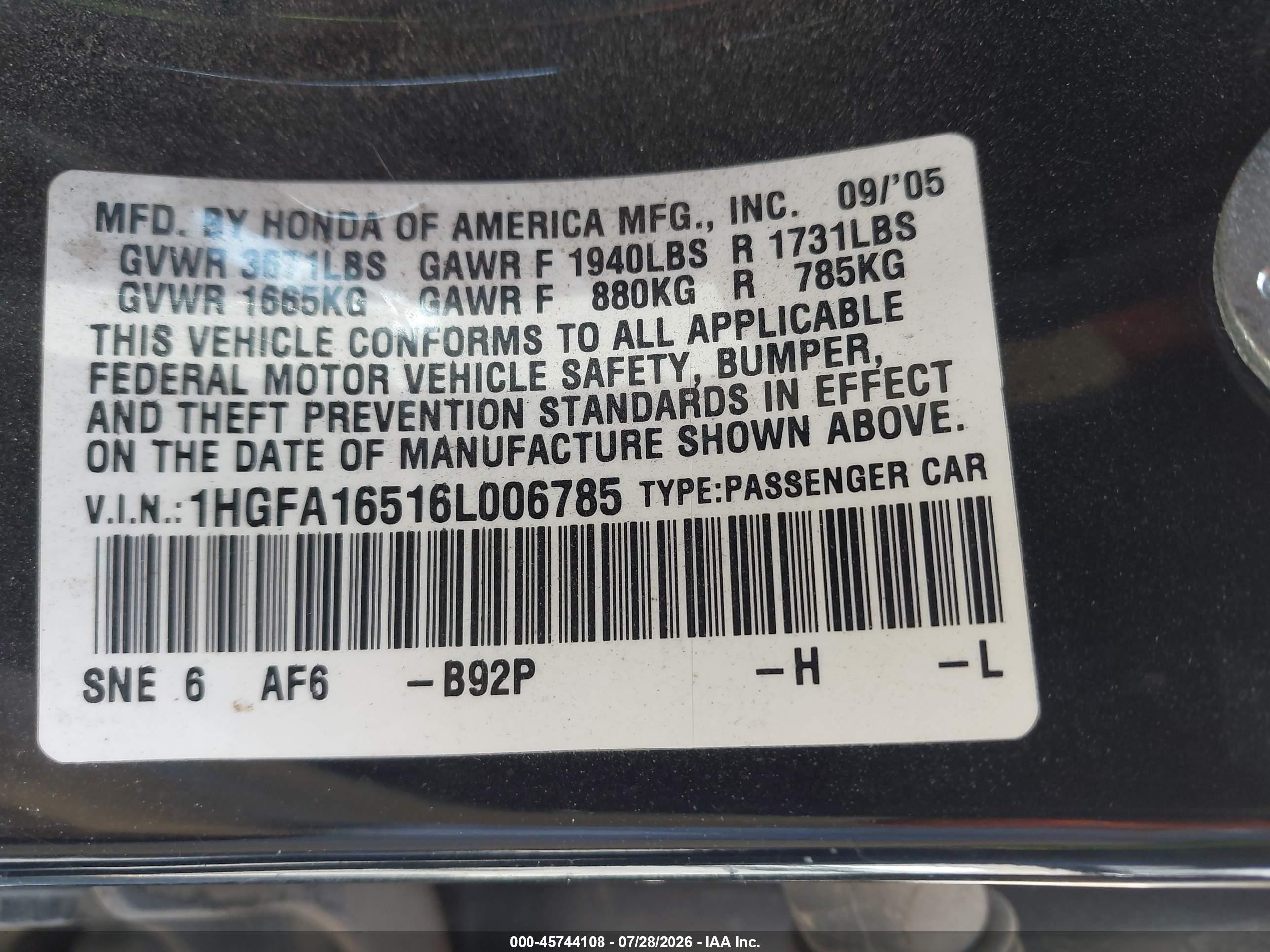 2006 Honda Civic Lx Черный vin: 1HGFA16516L006785