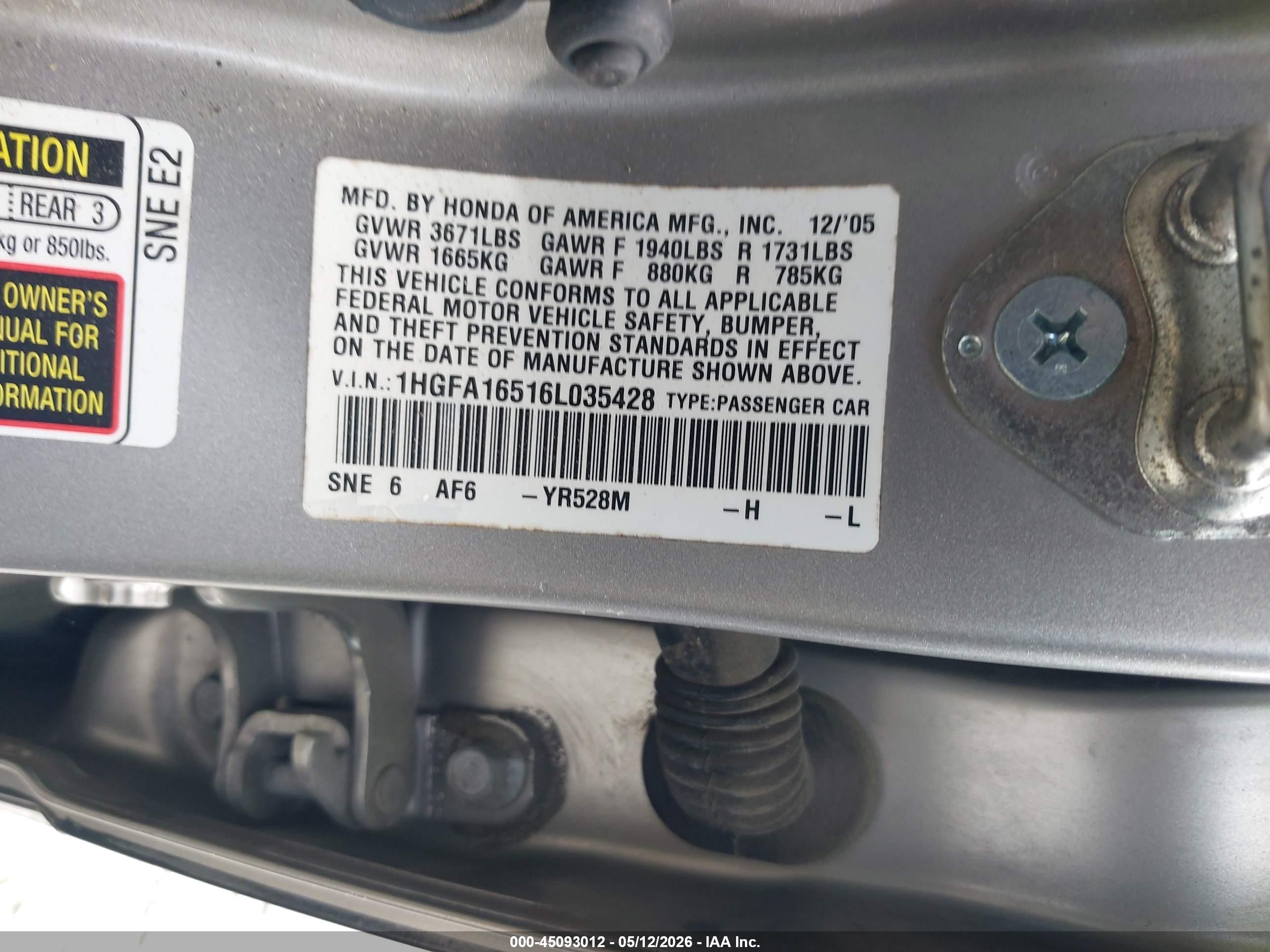 2006 Honda Civic Lx Black vin: 1HGFA16516L035428