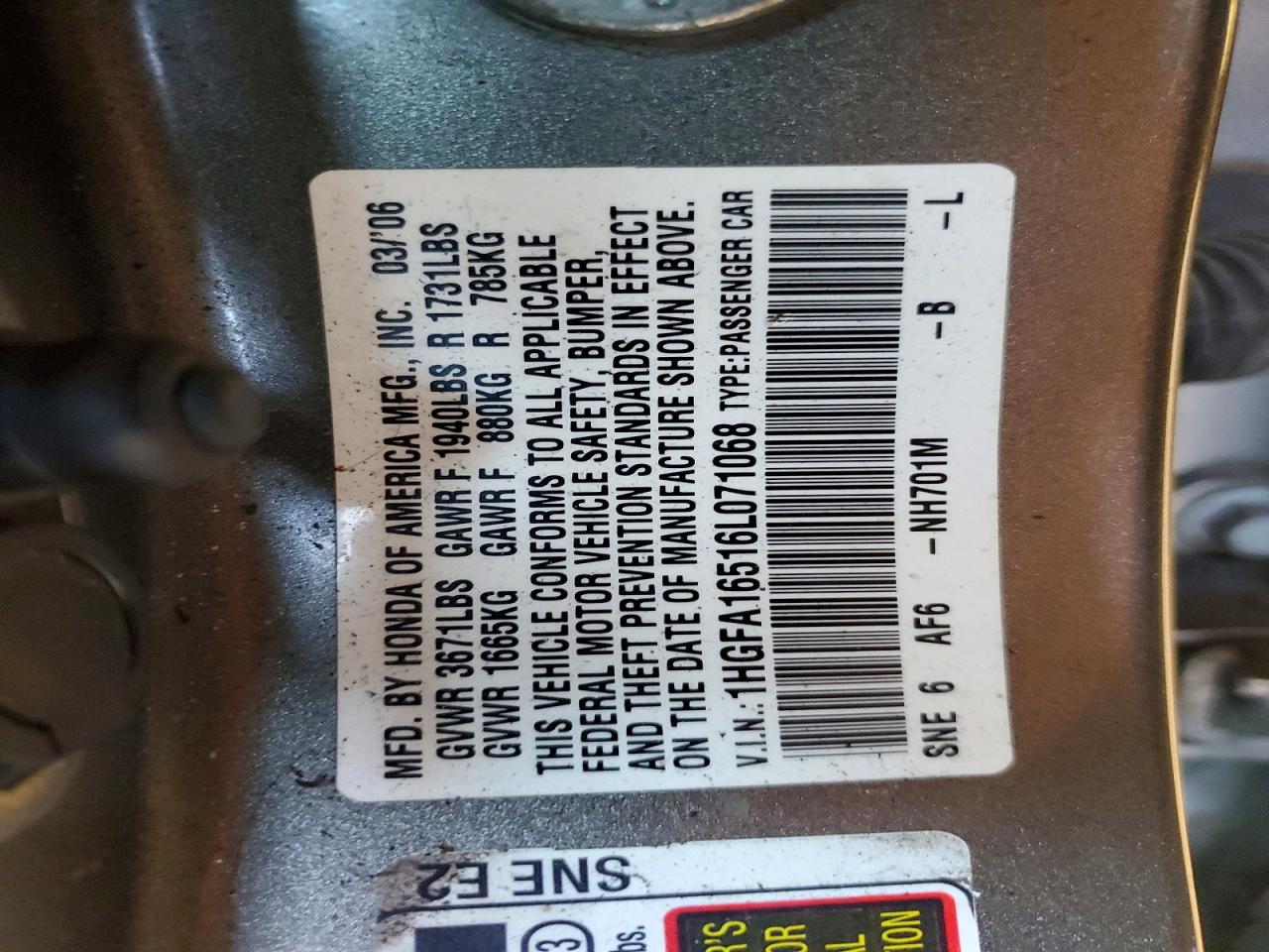 2006 Honda Civic Lx Gray vin: 1HGFA16516L071068