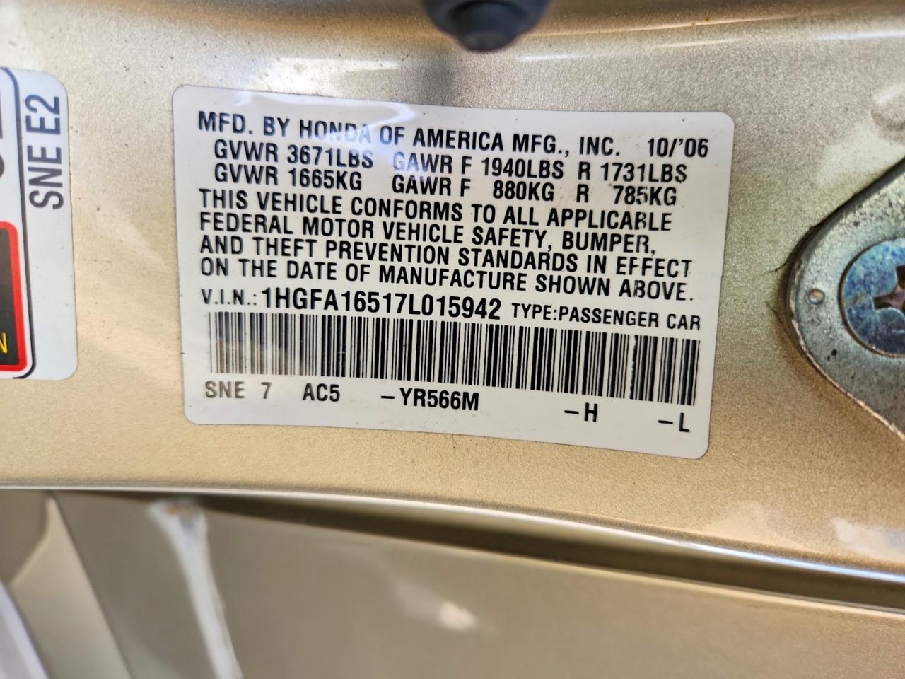 2007 Honda Civic Lx Tan vin: 1HGFA16517L015942