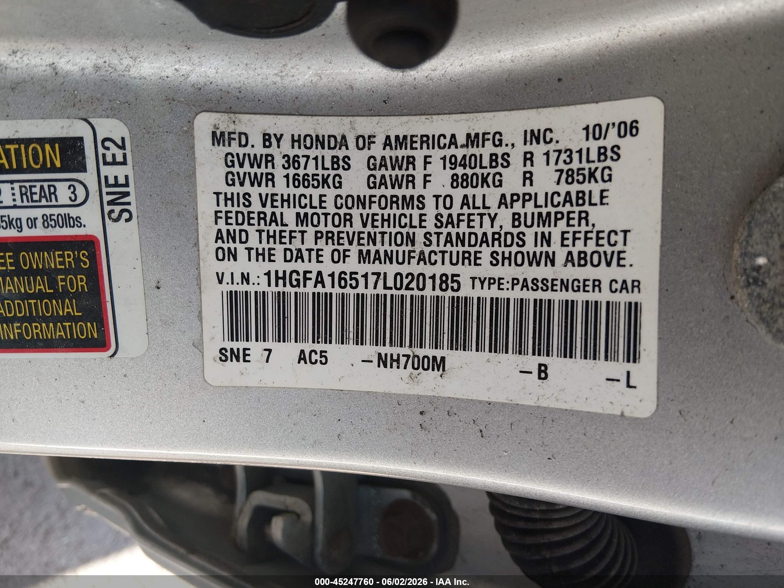 2007 Honda Civic Lx Silver vin: 1HGFA16517L020185